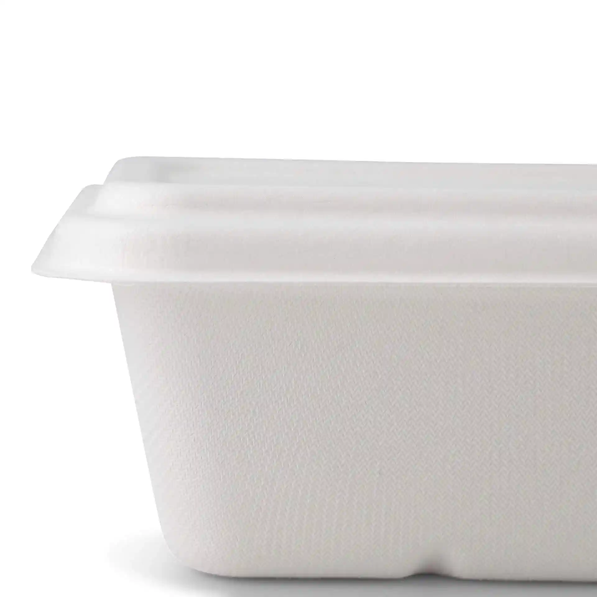 Conteneur rectangulaire blanc en canne à sucre avec surface texturée et couvercle ajusté, mesurant 17 x 12 cm.