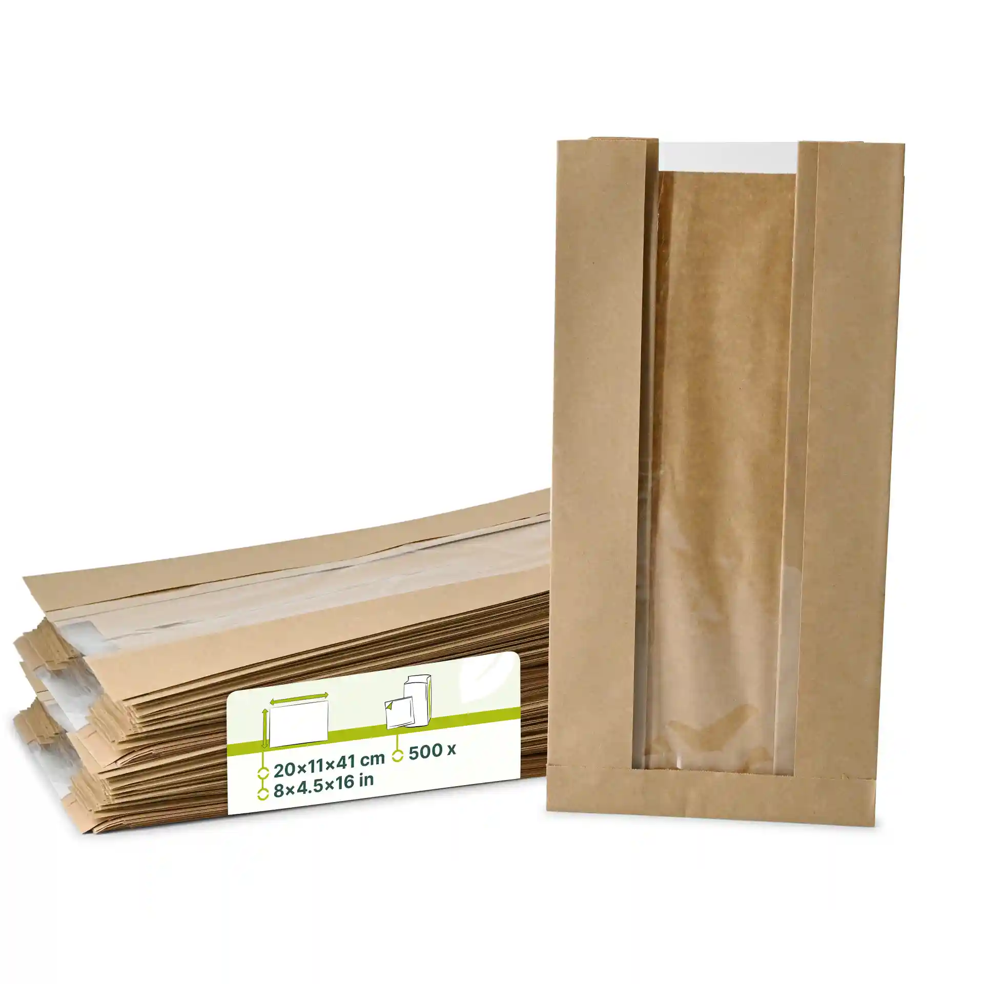 Sacs à pain en papier brun plat avec fenêtre, mesurant 20 x 11 x 41 cm, empilés avec une étiquette visible.