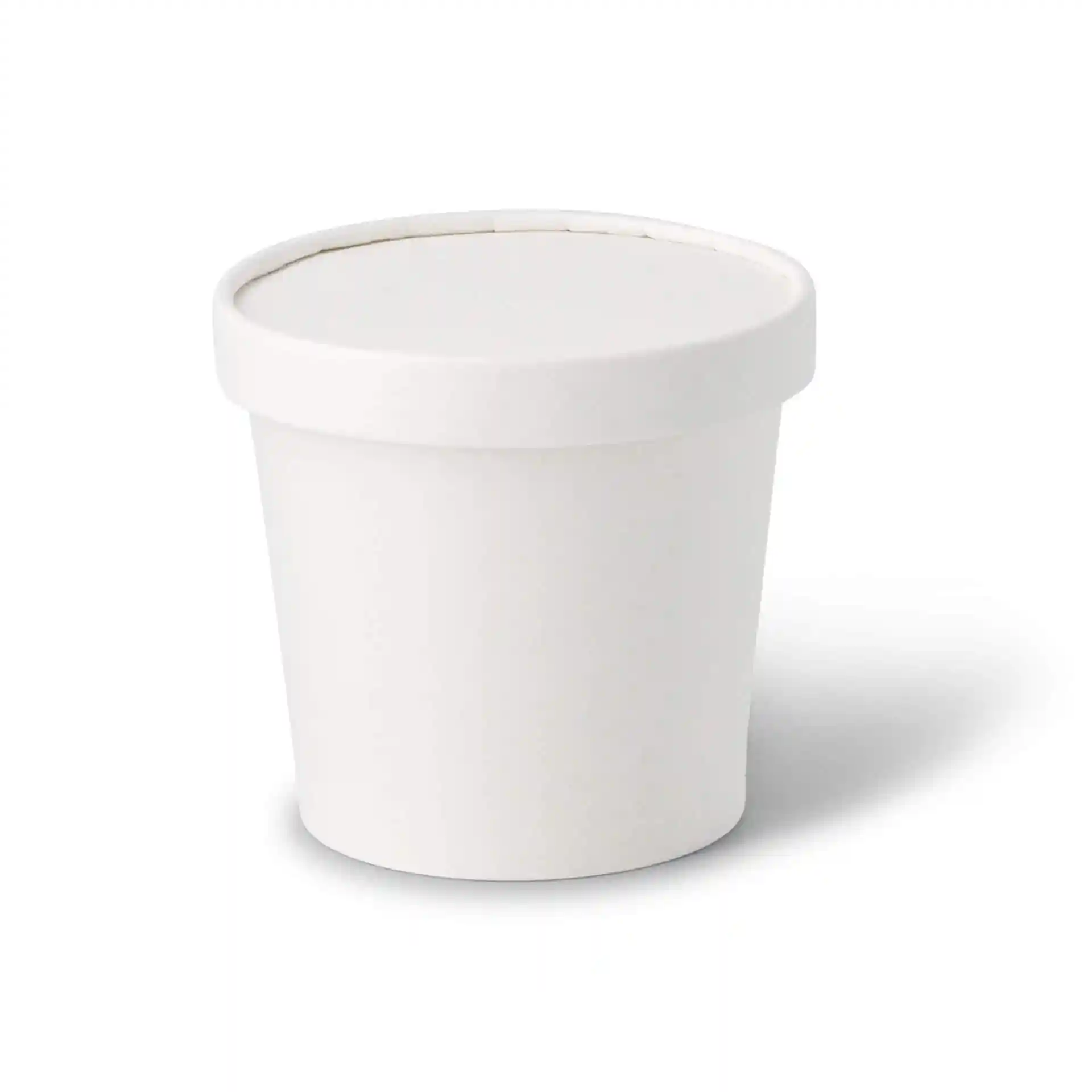 Conteneur rond en carton blanc avec un couvercle assorti, adapté pour la glace, mesurant 14 mm de hauteur et 93 mm de diamètre.