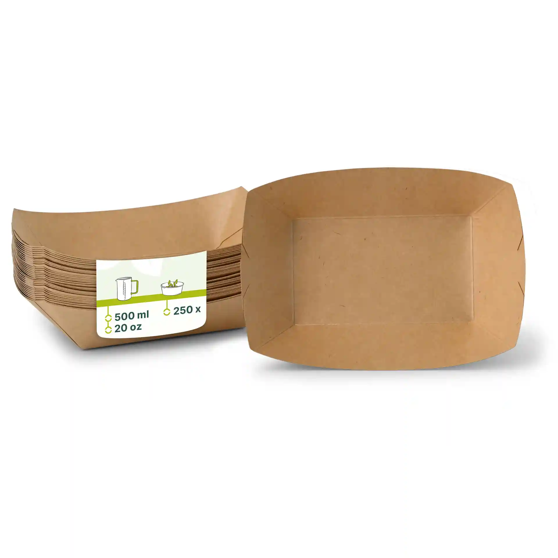 Plateaux à snacks en carton brun empilés, montrant un plateau avec une étiquette indiquant une capacité de 500 ml et des dimensions.