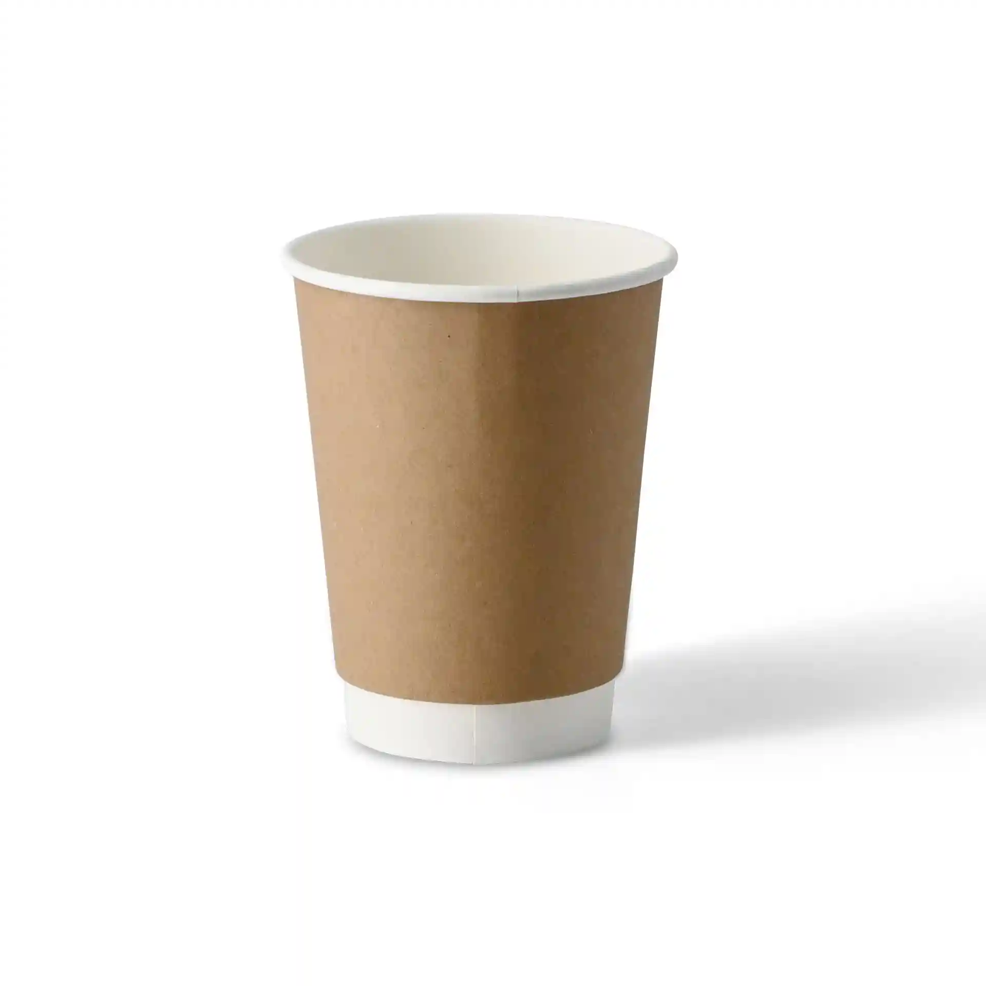 Tasse à café double paroi marron avec intérieur blanc, capacité de 300 ml, diamètre de 90 mm, hauteur de 112 mm.