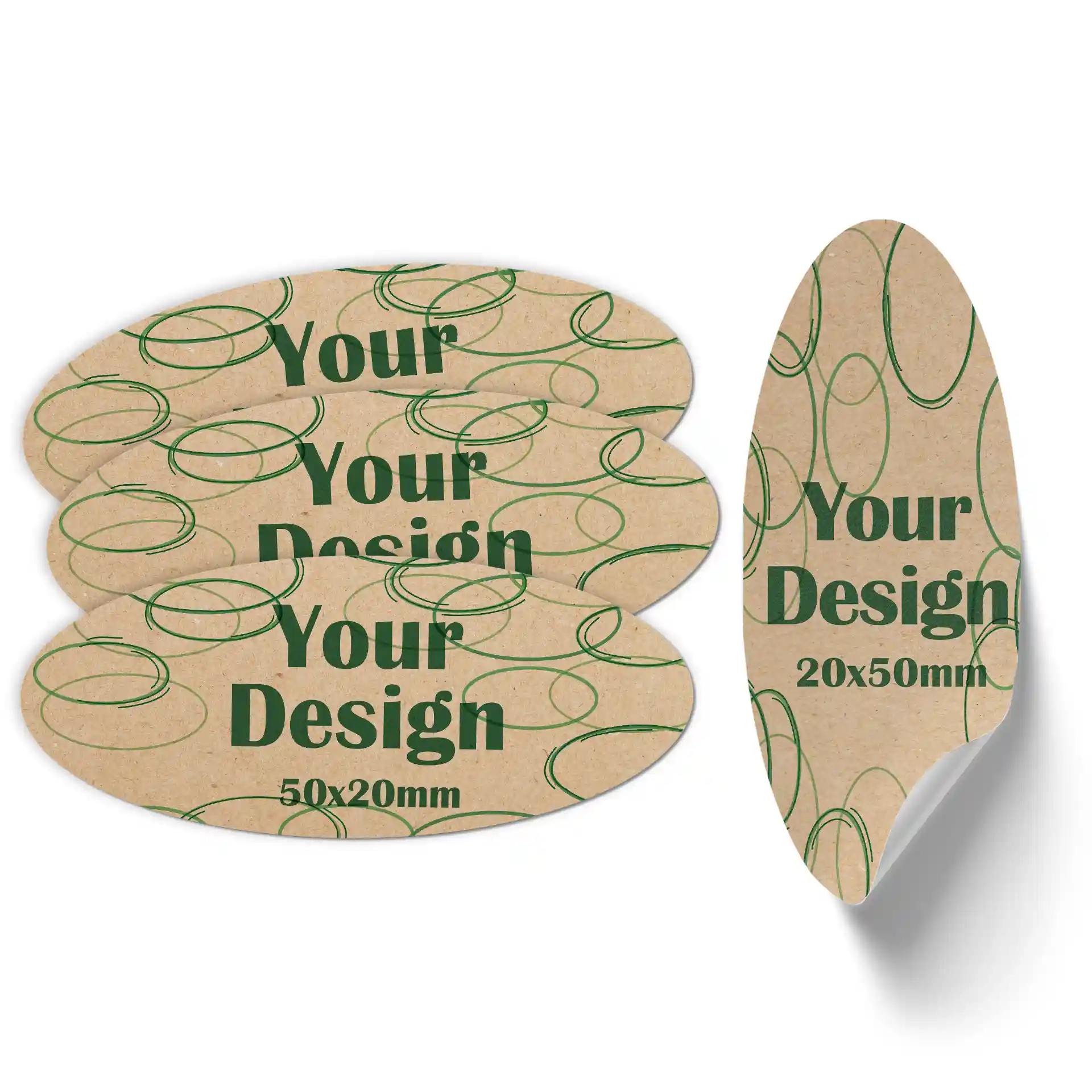 Étiquettes ovales imprimées sur papier kraft mat brun, avec des motifs circulaires verts et du texte, mesurant 20x50 mm.