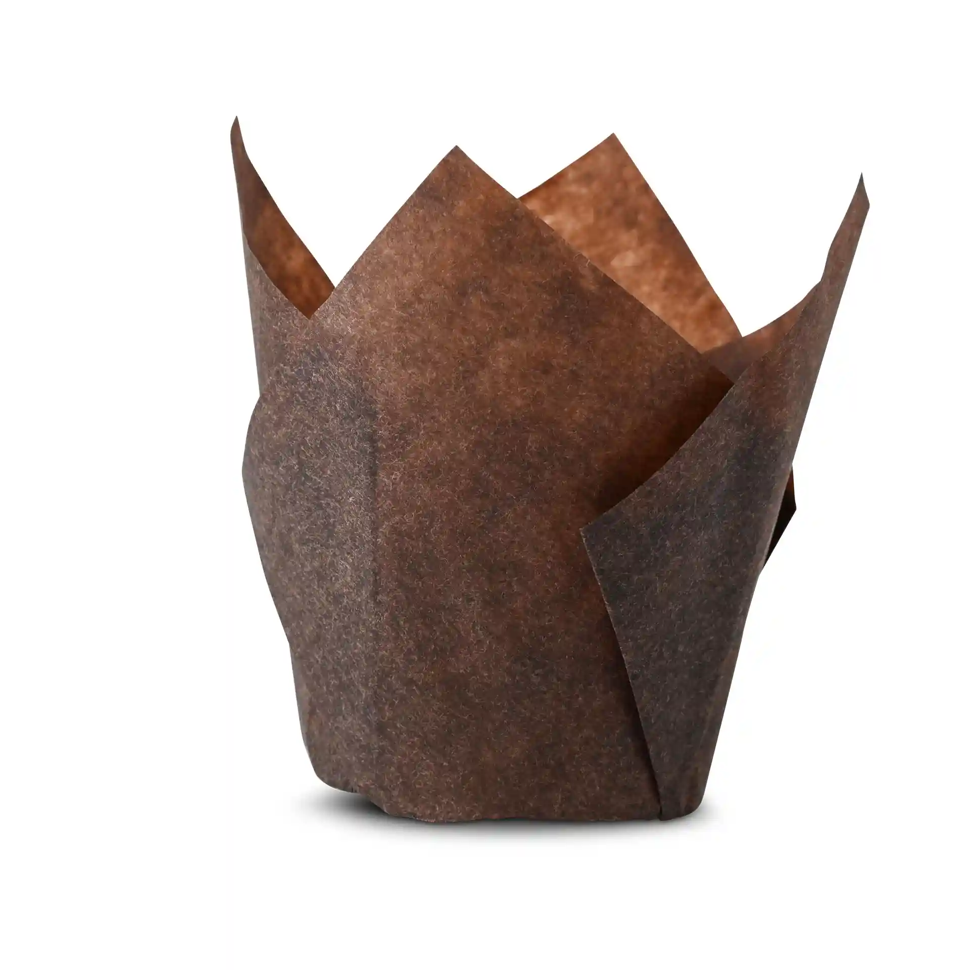 Gobelet à muffin en papier brun avec un design évasé, hauteur de 80 mm et diamètre de fond de 50 mm.