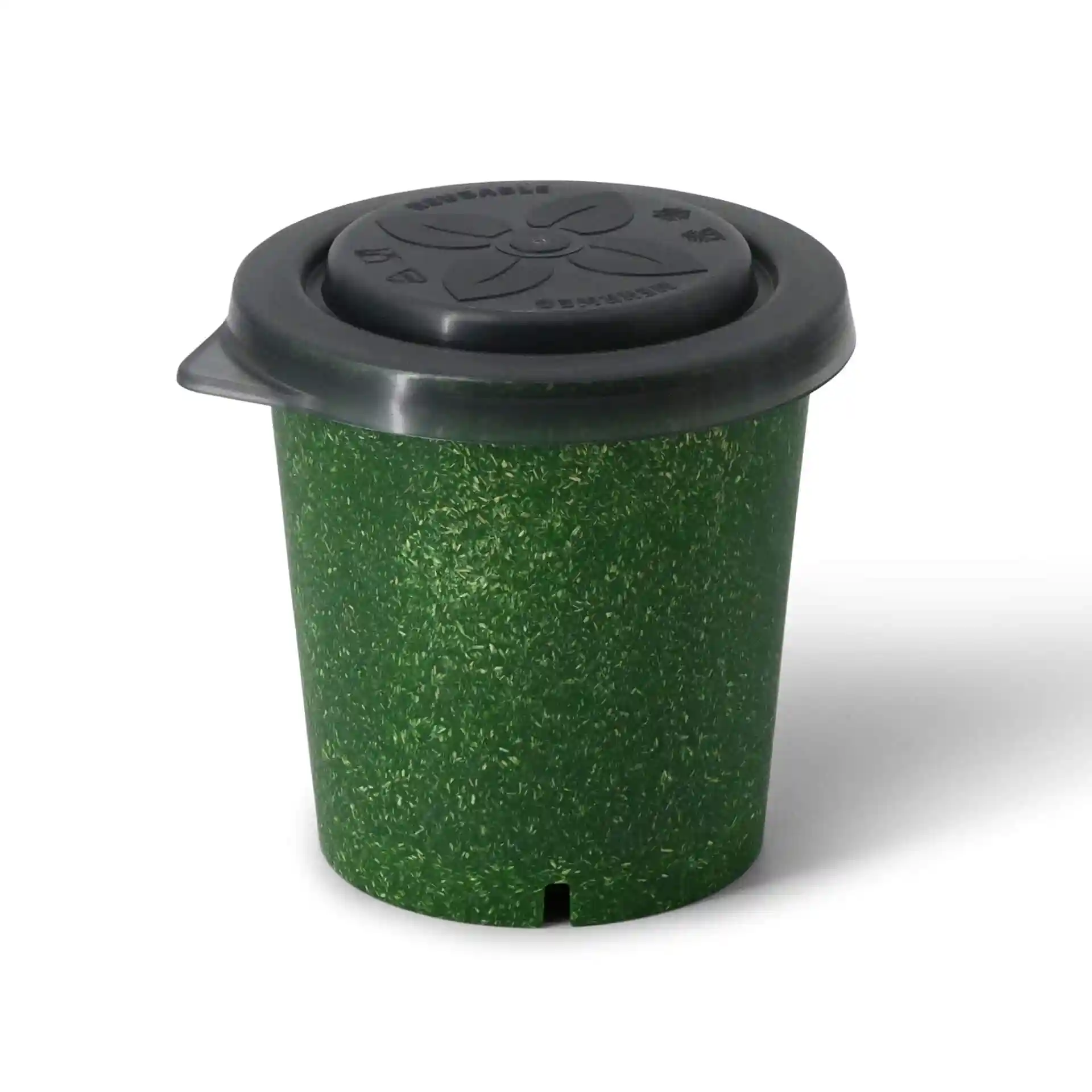 Gobelet réutilisable rond en vert foncé, avec un couvercle noir et une capacité de 400 ml.