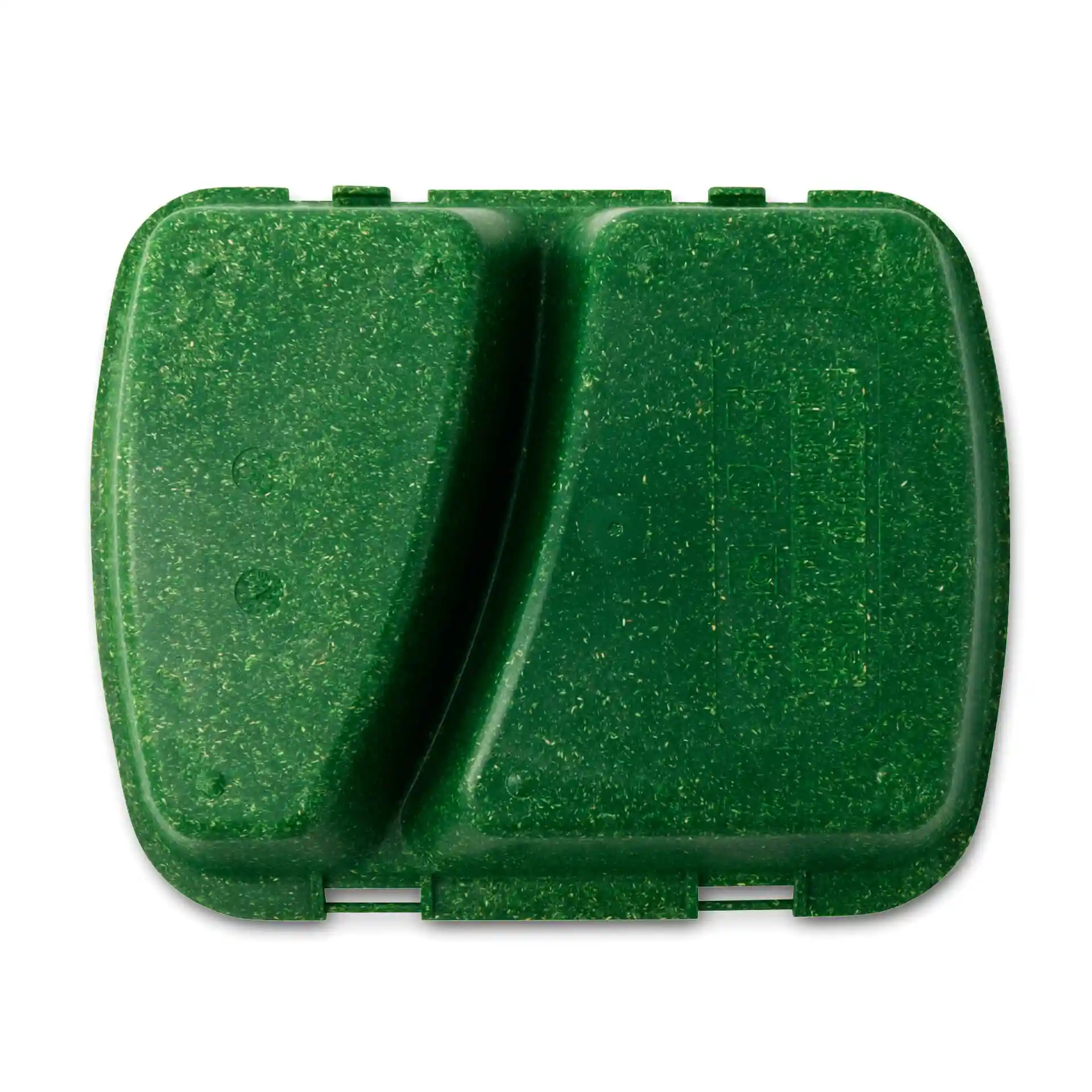Conteneur de repas réutilisable vert avec deux compartiments, mesurant 24,5 x 20 x 4,5 cm.