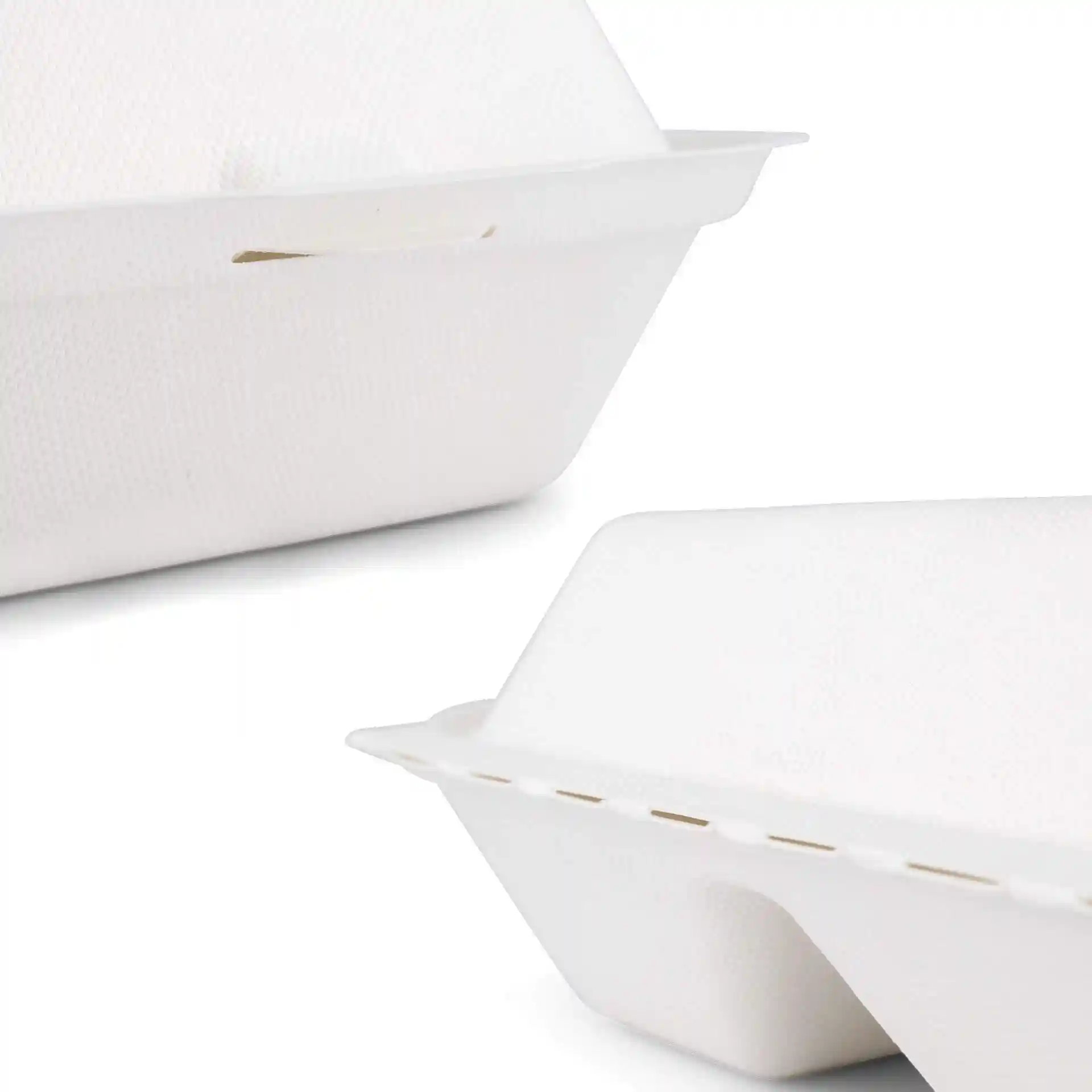 Conteneur rectangulaire blanc en canne à sucre avec couvercle à charnière et trois compartiments, mesurant 25 x 20 x 7,5 cm.
