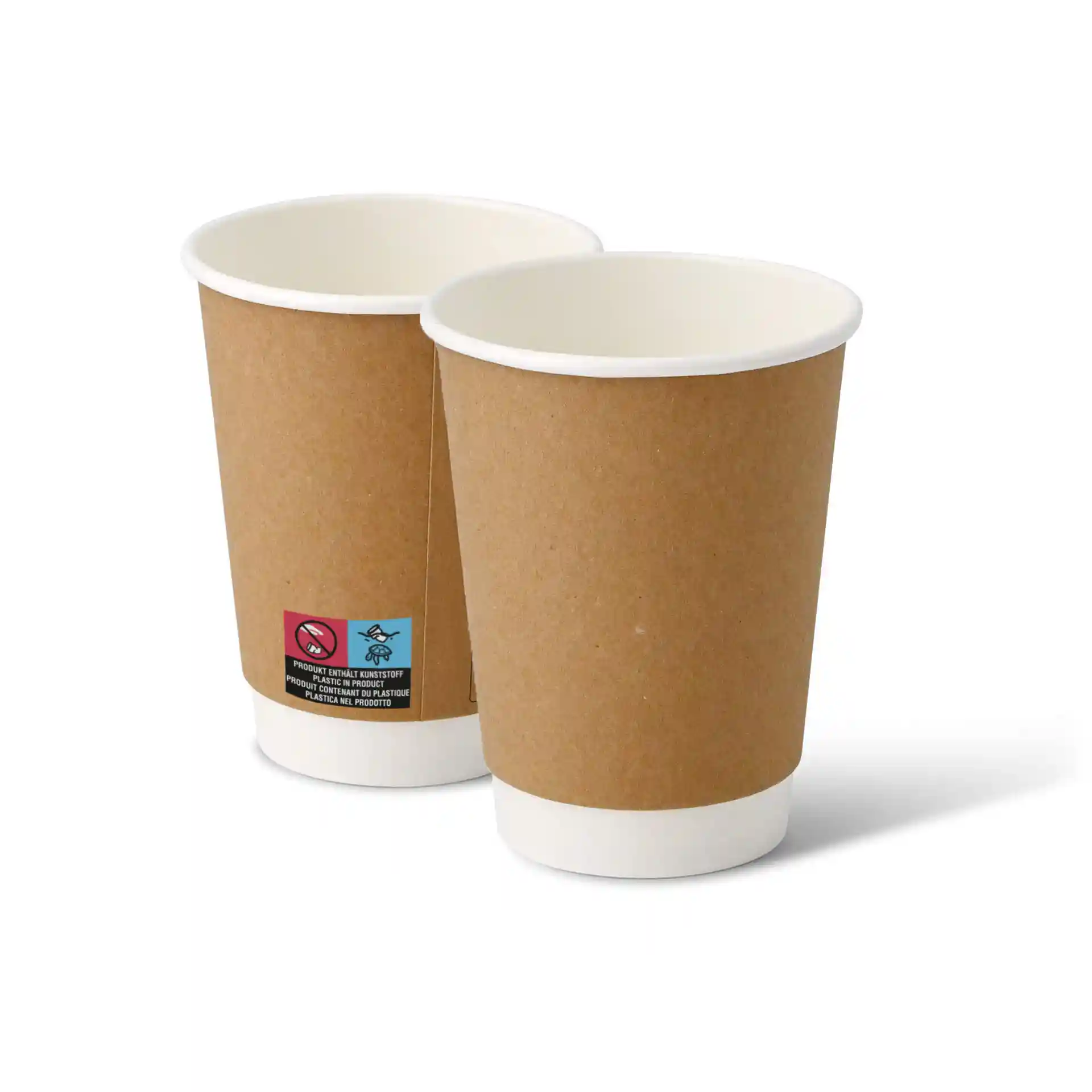 Deux gobelets en carton marron à double paroi avec un intérieur blanc, l'un légèrement derrière l'autre.