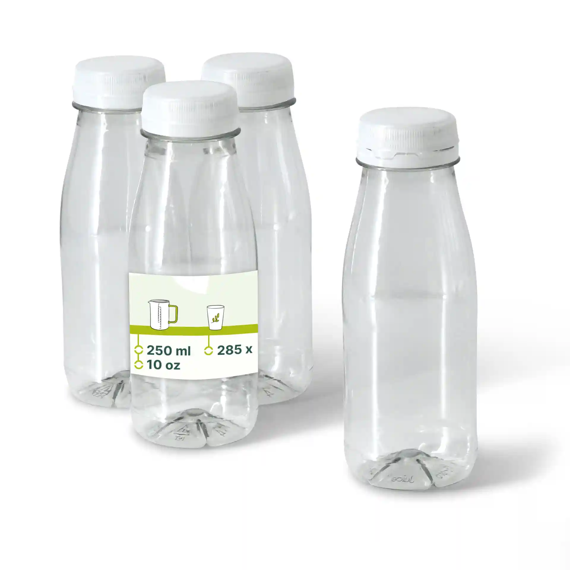 Bouteille rPET transparente avec un couvercle blanc, capacité de 250 ml, entourée de trois bouteilles similaires sur fond blanc.