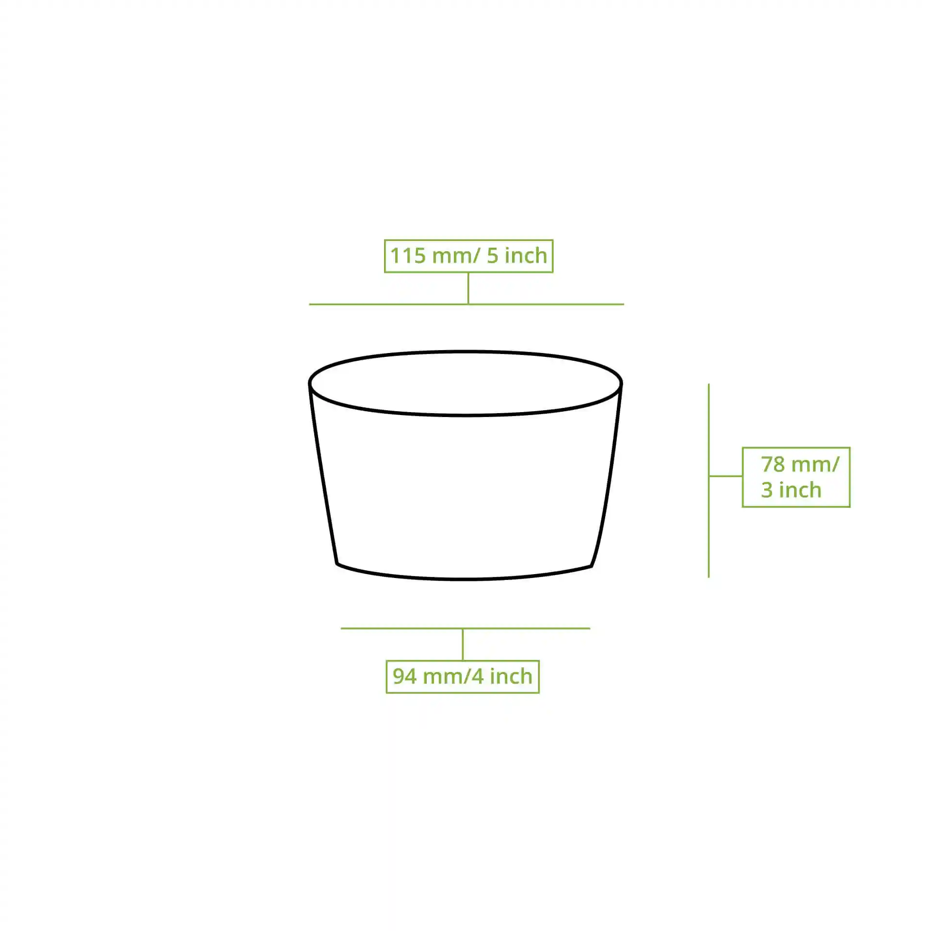 Dessin schématique d'un contenant rond en carton pour soupe avec dimensions étiquetées : 115 mm de diamètre, 78 mm de hauteur et 94 mm de diamètre de fond.