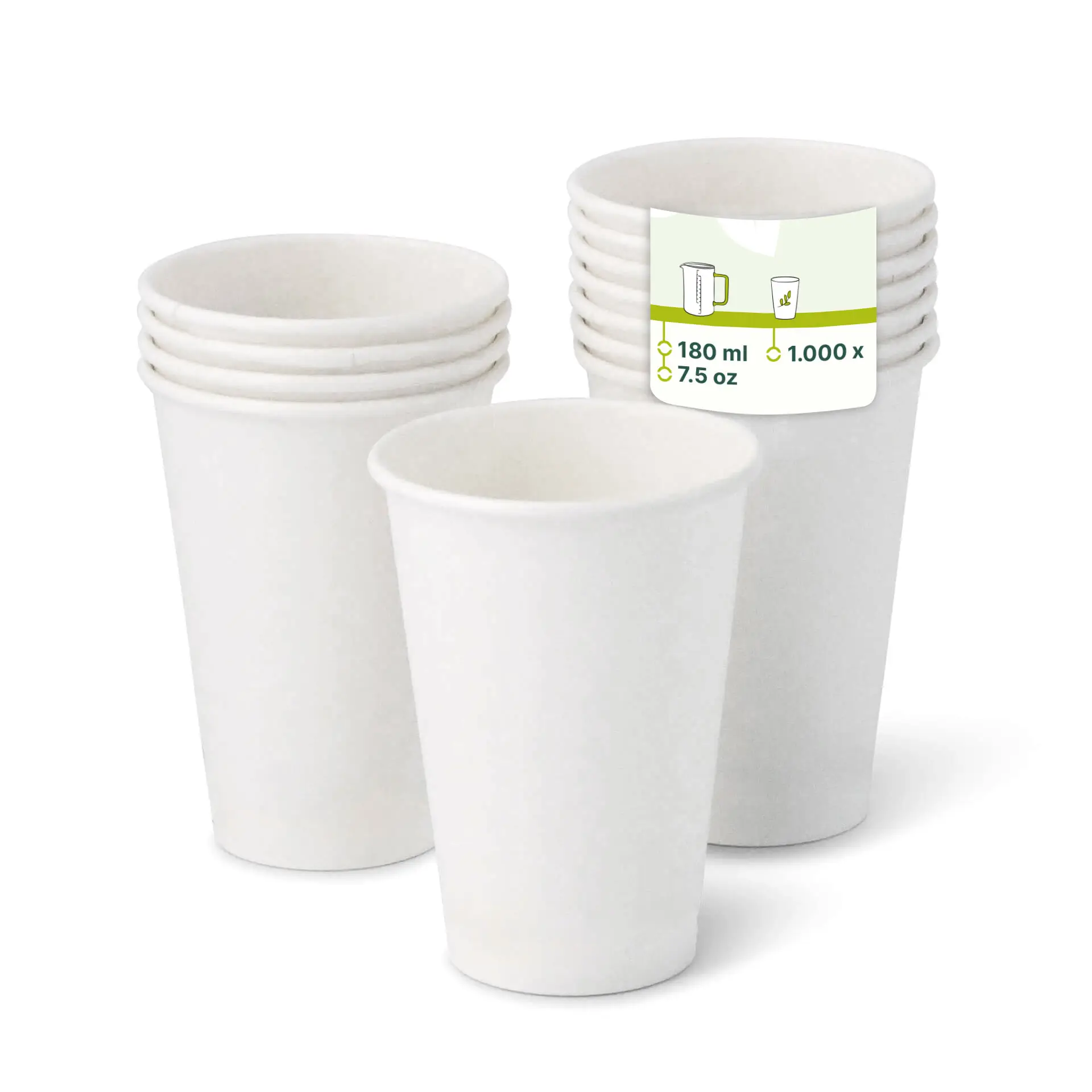 Gobelets en papier blancs empilés, avec un gobelet devant indiquant une capacité de 180 ml.