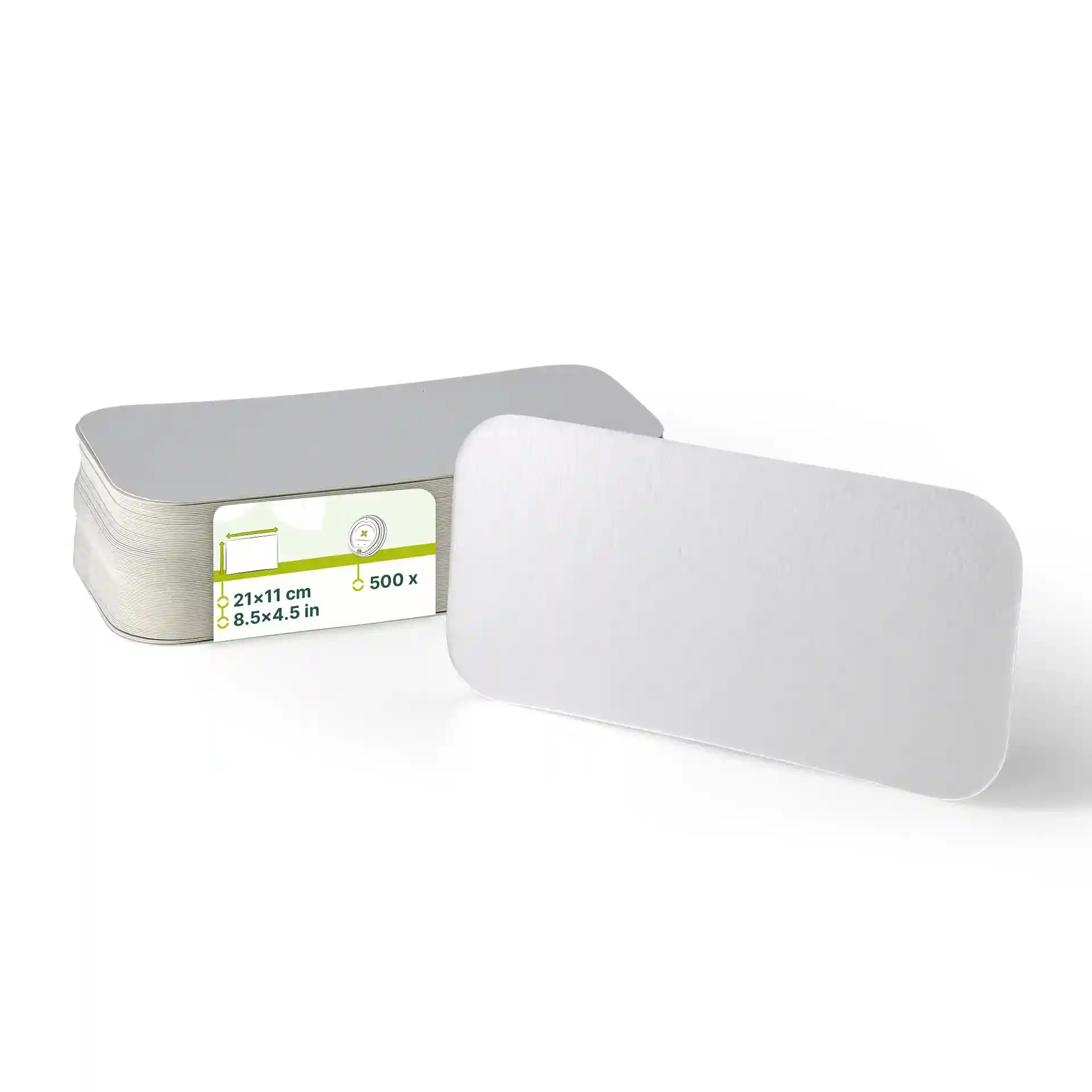 Empilement de couvercles en carton aluminium rectangulaires, un couvercle légèrement relevé, dimensions de 212 mm par 108 mm.