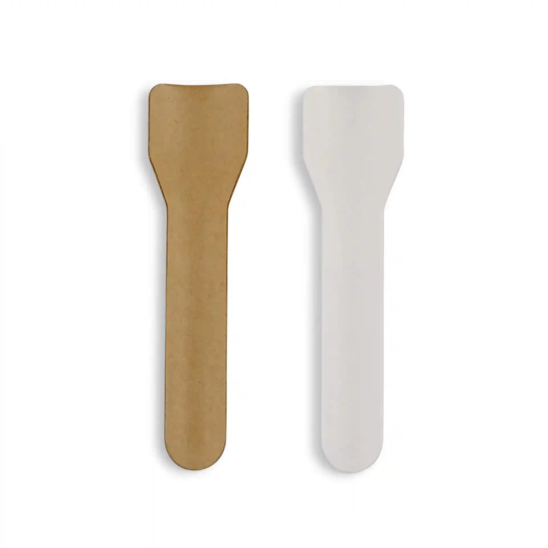 Image de deux cuillères en papier pour glace, une brune et une blanche, mesurant chacune 9,5 cm de long.