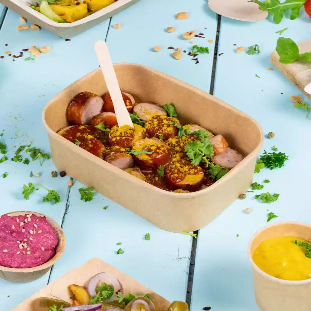 Conteneur avec saucisse tranchée dans une sauce, garnie d'herbes, entouré de diverses sauces et garnitures sur une surface bleue.
