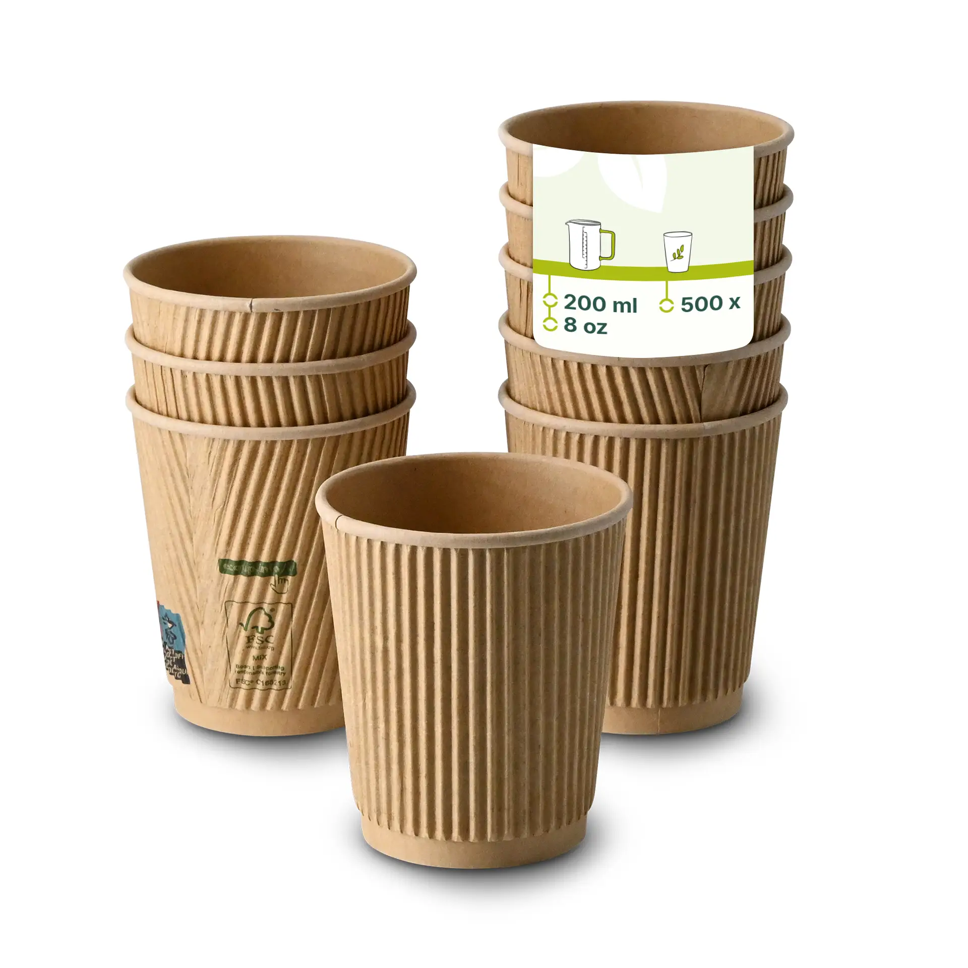 Un gobelet à café en kraft de 8 oz avec des rainures ; plusieurs gobelets similaires montrés avec opacité réduite. Revêtement intérieur en PLA et design à paroi ondulée.