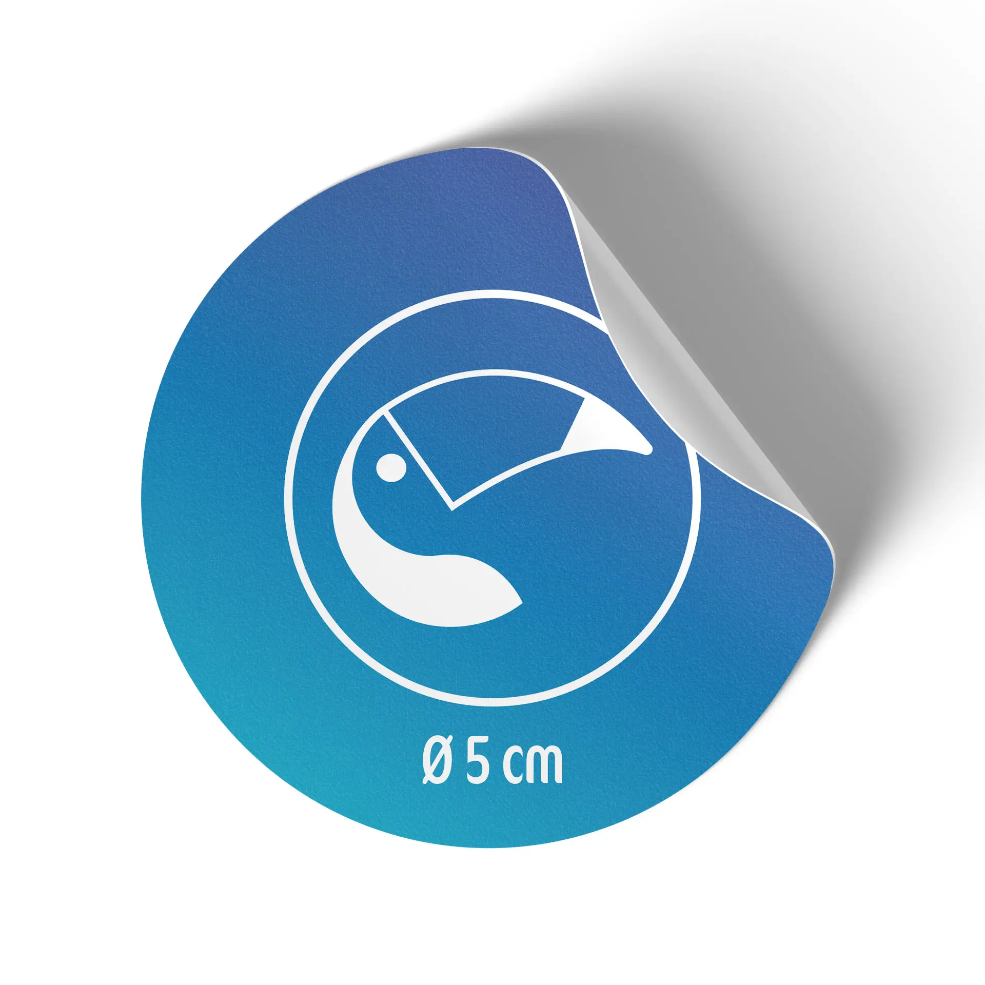 Étiquette ronde personnalisée, 5 cm de diamètre, avec un graphique blanc sur fond bleu et un bord détachable.