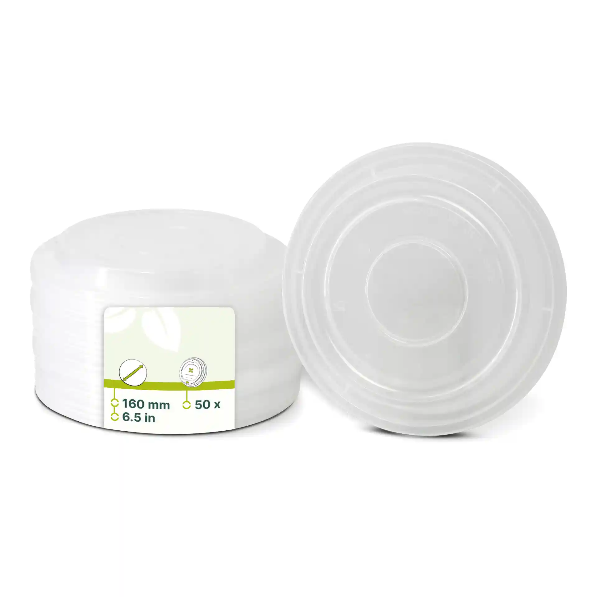 Couvercle rond transparent réutilisable en polypropylène, d'un diamètre de 160 mm et d'une hauteur de 15,2 mm.
