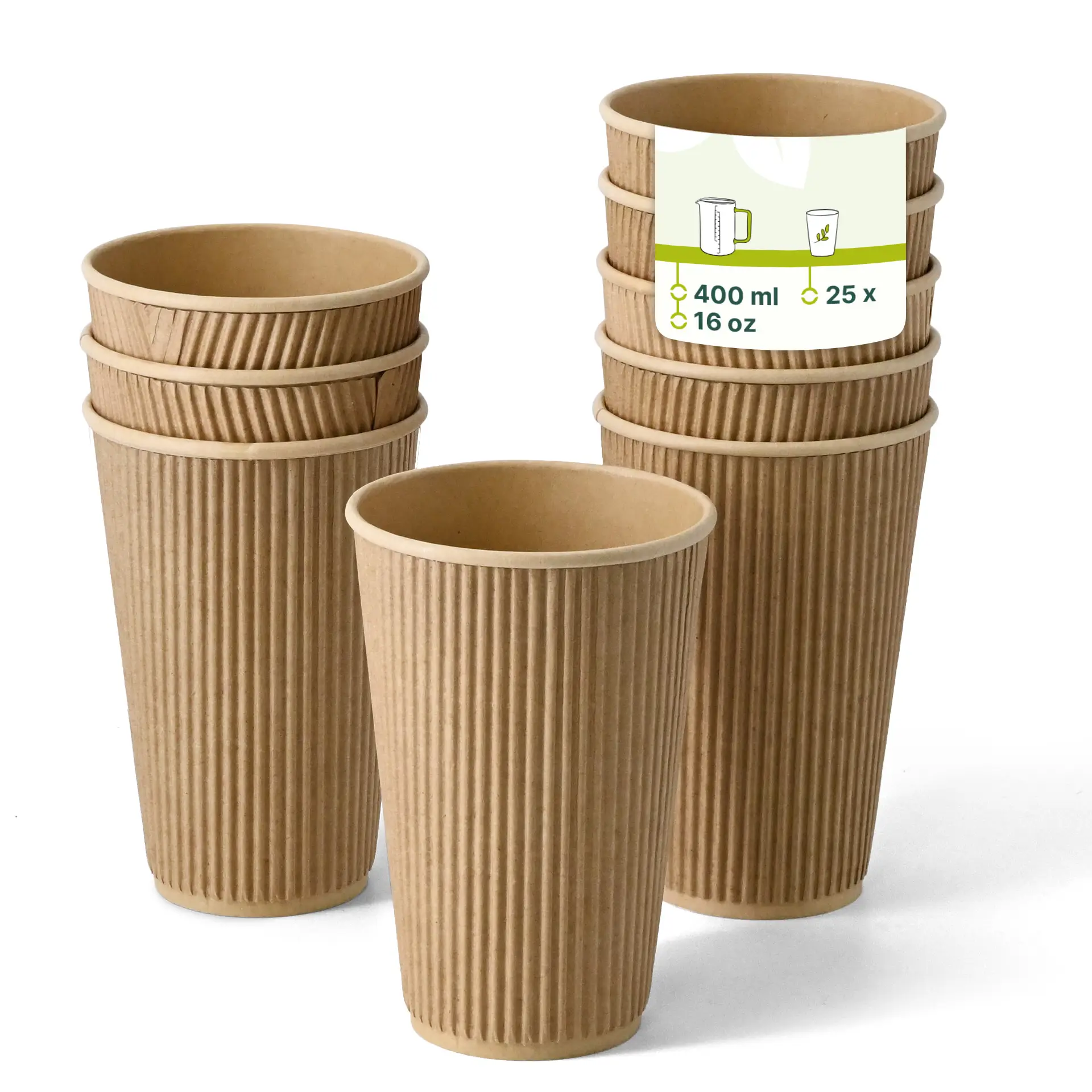 Gobelets en carton bruns empilés, avec une étiquette indiquant la capacité et la quantité, adaptés aux boissons chaudes.