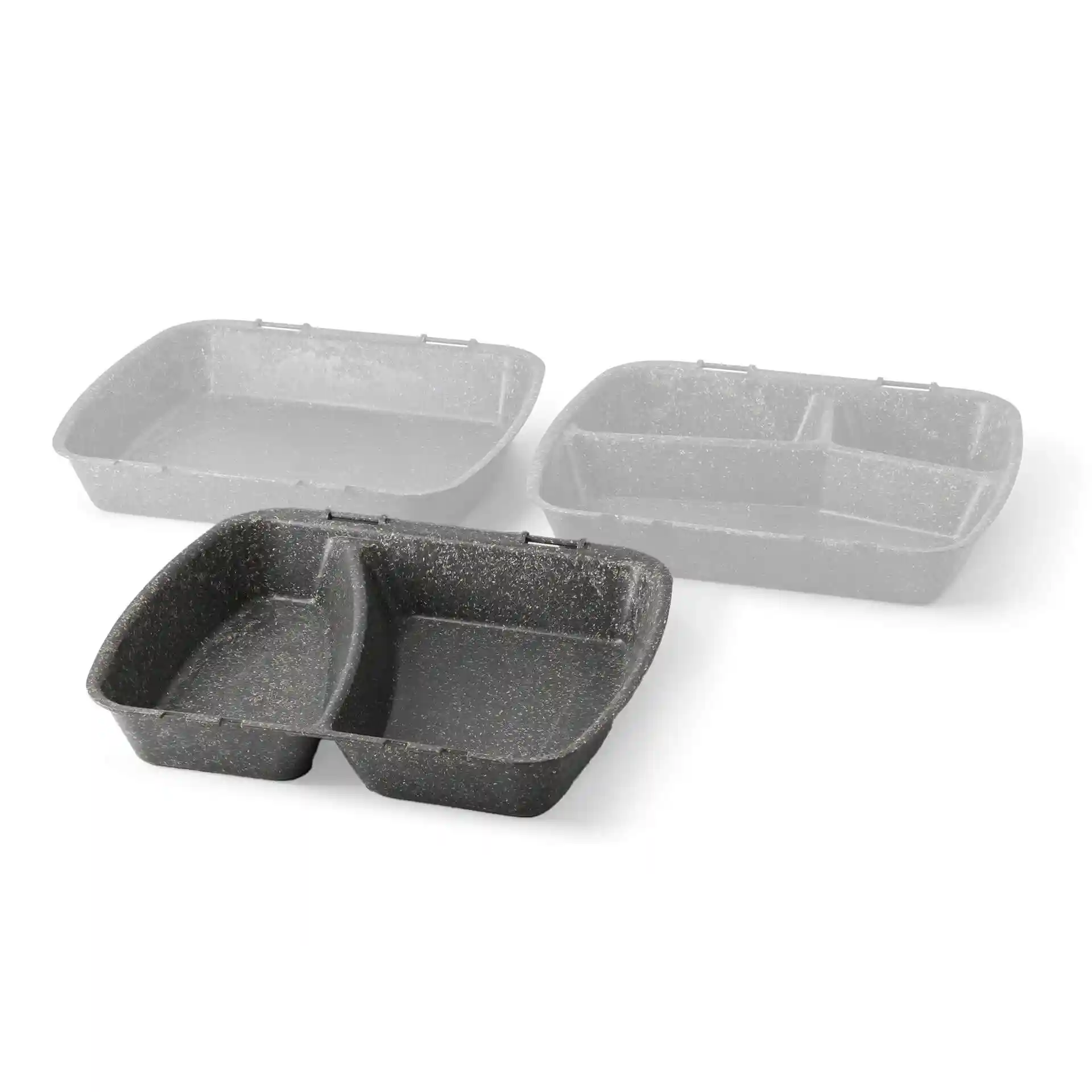 Conteneur de repas réutilisable avec deux compartiments, couleur grise, mesurant 24,5 x 20 x 4,5 cm.