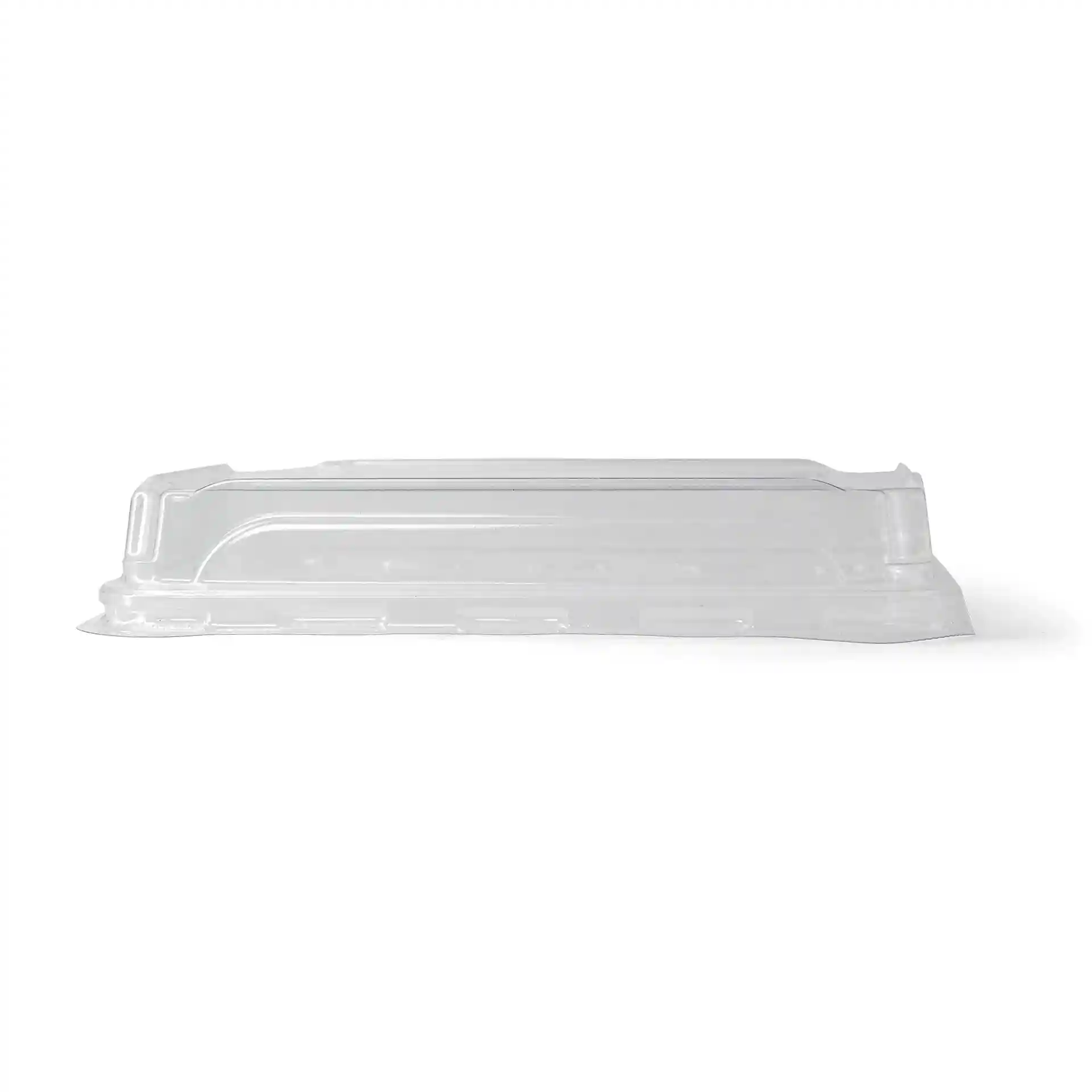 Couvercle en PET transparent pour boîtes à sushi moyennes, mesurant 22 x 14 cm avec une hauteur de 3 cm.