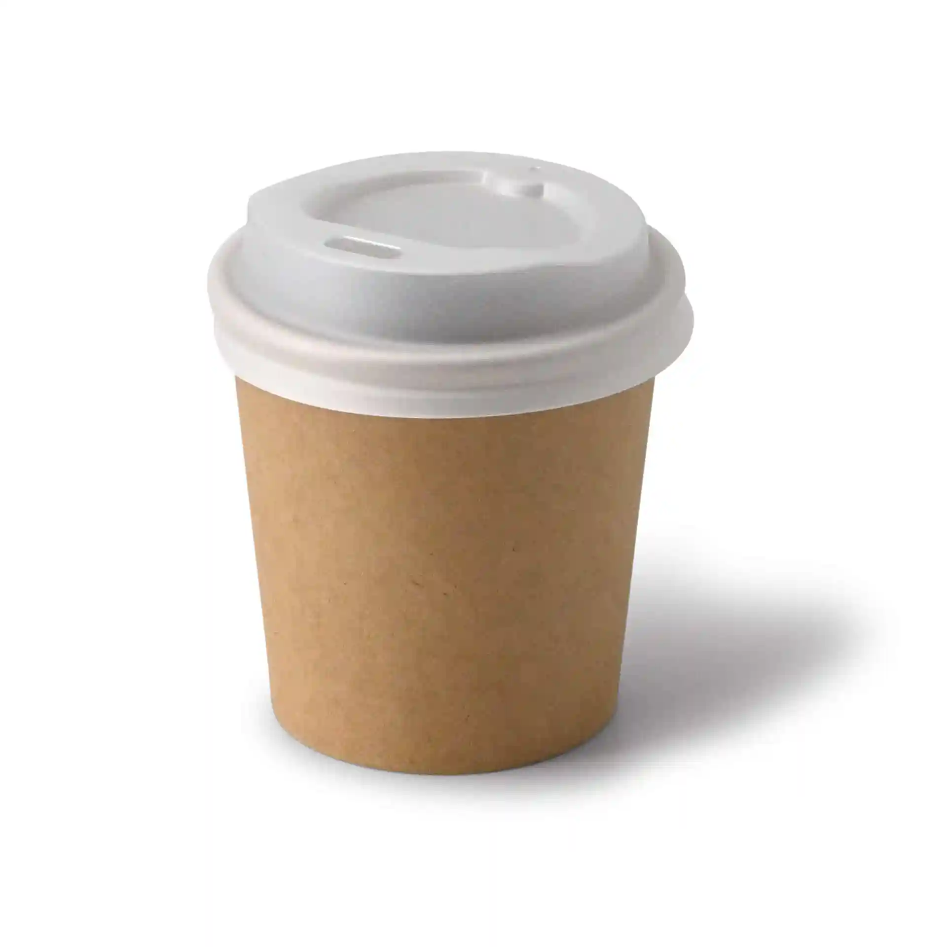 Gobelet en papier brun avec un couvercle blanc, forme ronde, capacité de 4 oz, en carton.