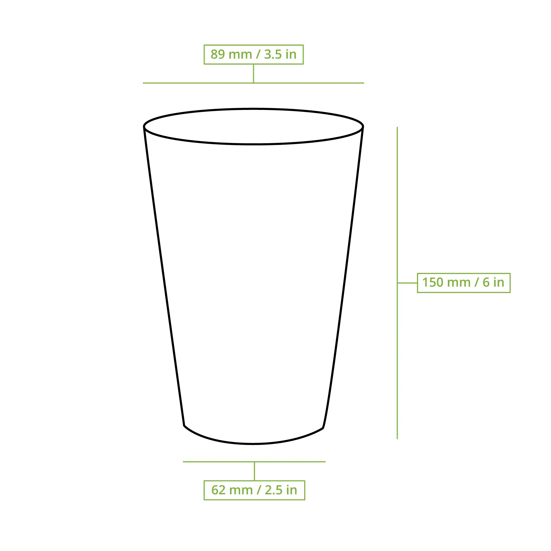 Gobelet en papier blanc à paroi simple avec revêtement PLA, idéal pour les boissons chaudes et froides, dimensions indiquées en millimètres.
