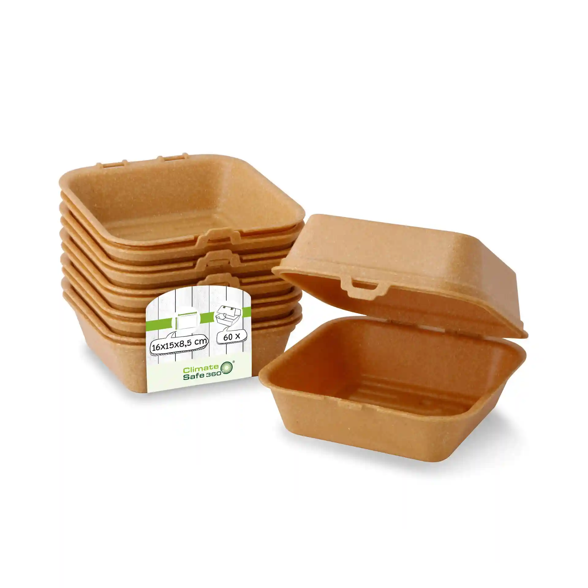 Empilement de boîtes à burgers brunes réutilisables, avec une boîte ouverte montrant l'intérieur et une étiquette avec dimensions et quantité.
