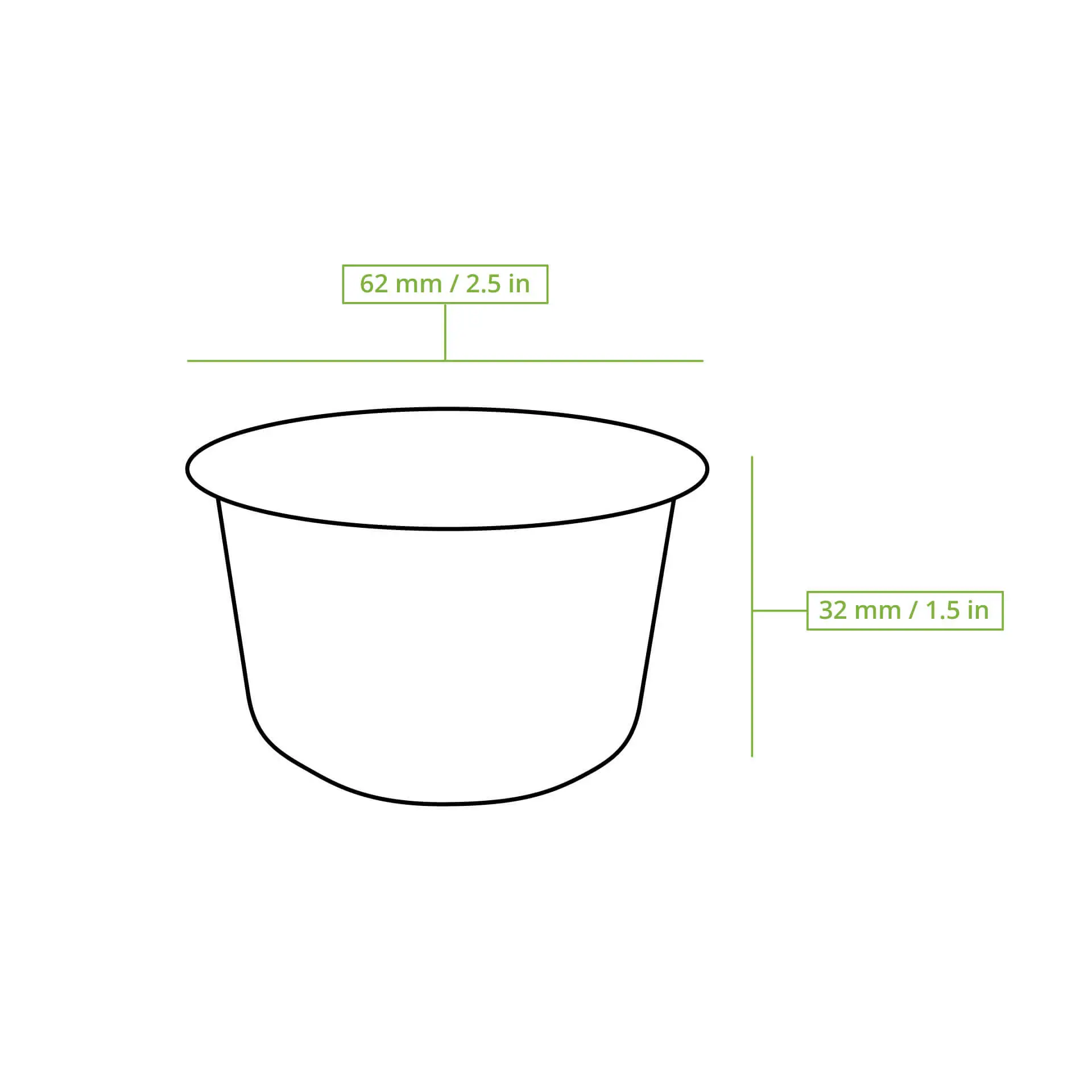 Petit bol à tremper biodégradable en canne à sucre, mesurant 62 mm de diamètre et 32 mm de hauteur. Convient pour les sauces.
