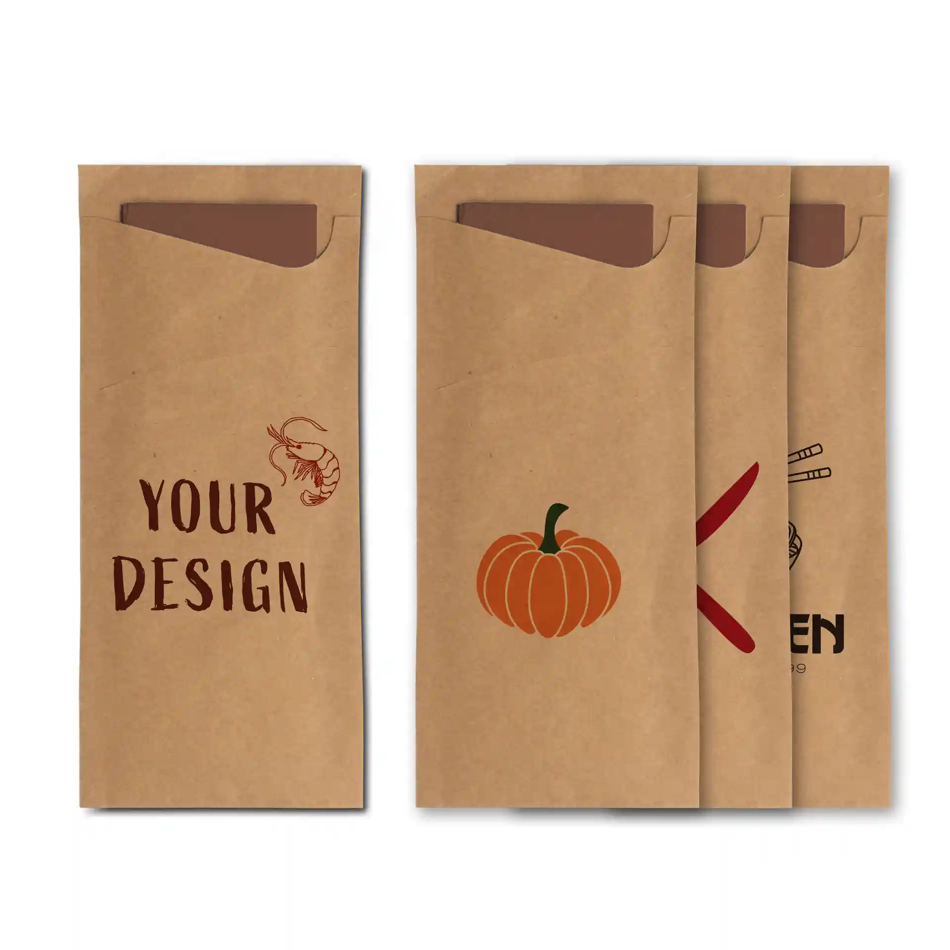 Pochettes à couverts imprimées marron avec divers designs, y compris une crevette, une citrouille et des baguettes, présentées ensemble.