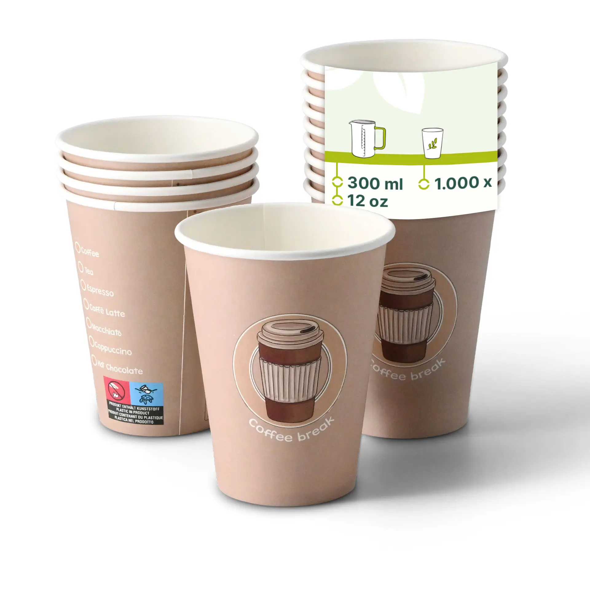Un gobelet en papier de 12 oz imprimé avec le design "Coffeebreak", entouré de plusieurs gobelets similaires avec une opacité réduite.