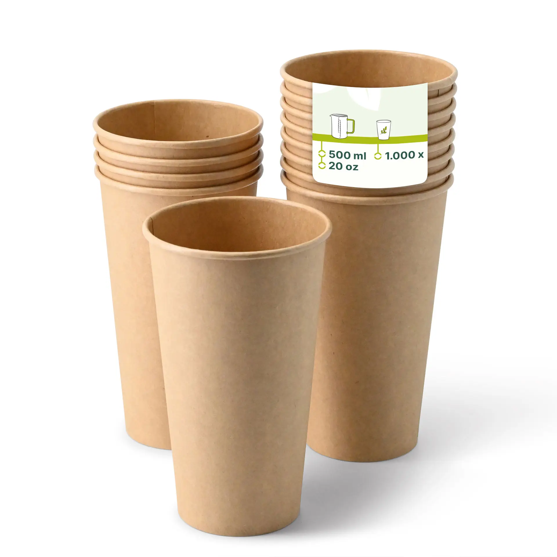 Un gobelet en papier brun (20 oz) avec un revêtement PE au premier plan ; plusieurs gobelets similaires avec une opacité réduite derrière.
