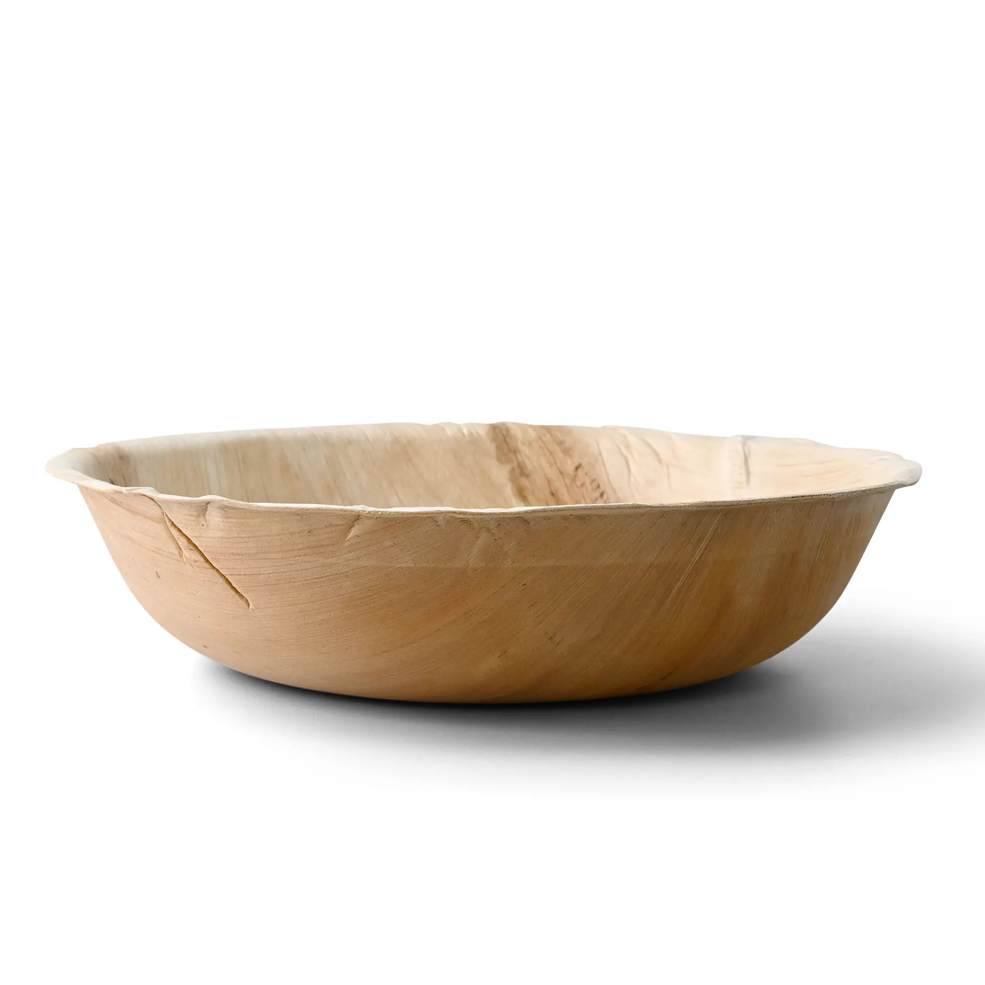Bol en feuille de palmier rond, 30 cm de diamètre, adapté aux aliments chauds et froids, montrant des motifs de grain uniques.