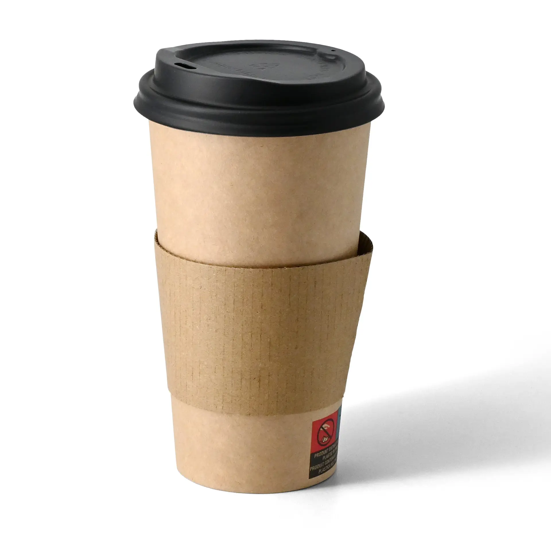 Gobelet en papier brun simple paroi avec revêtement PLA, adapté pour boissons chaudes et froides, avec manchon en carton.