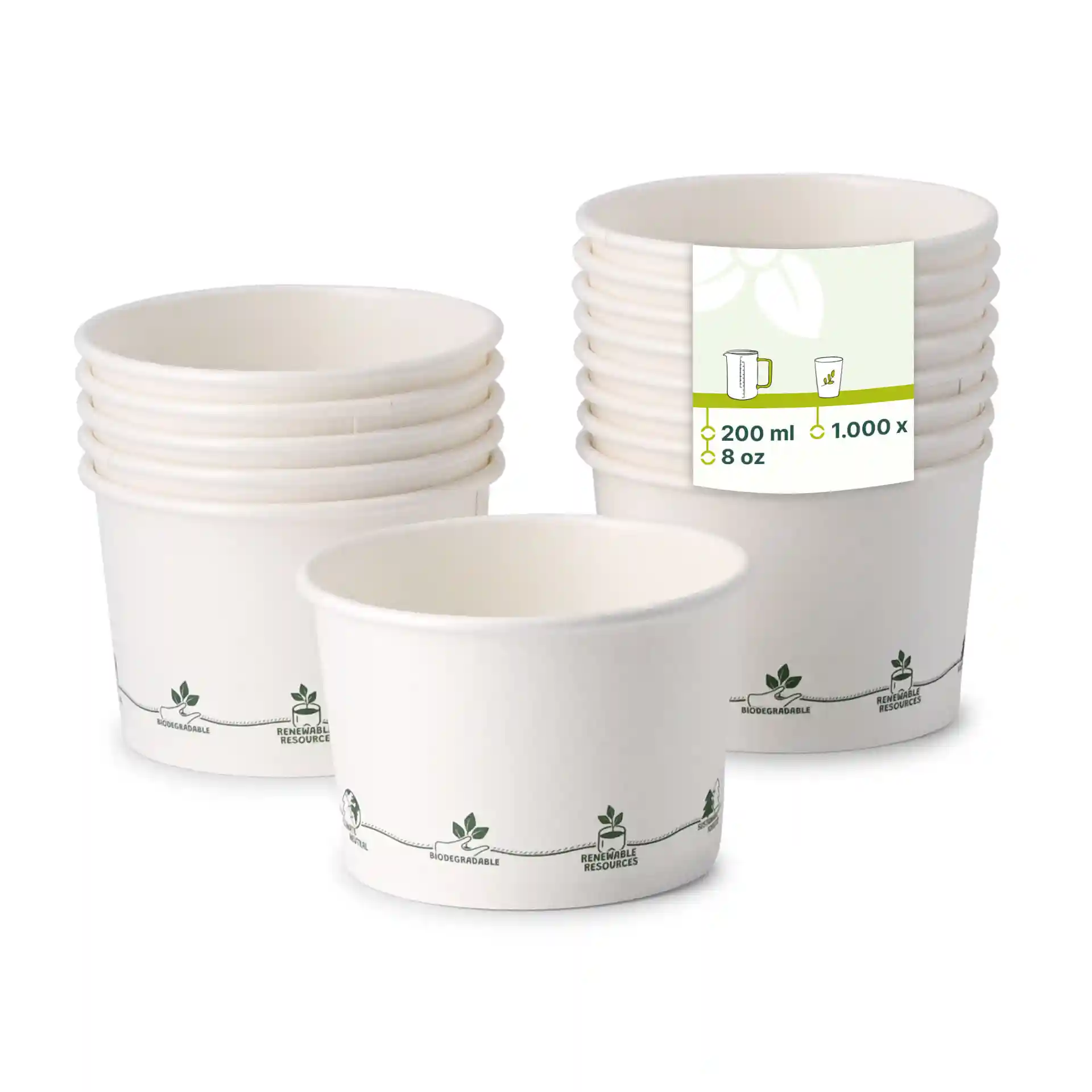 Empilement de huit gobelets en carton de 8 oz avec des motifs imprimés, montrant un gobelet devant et une étiquette avec des icônes.