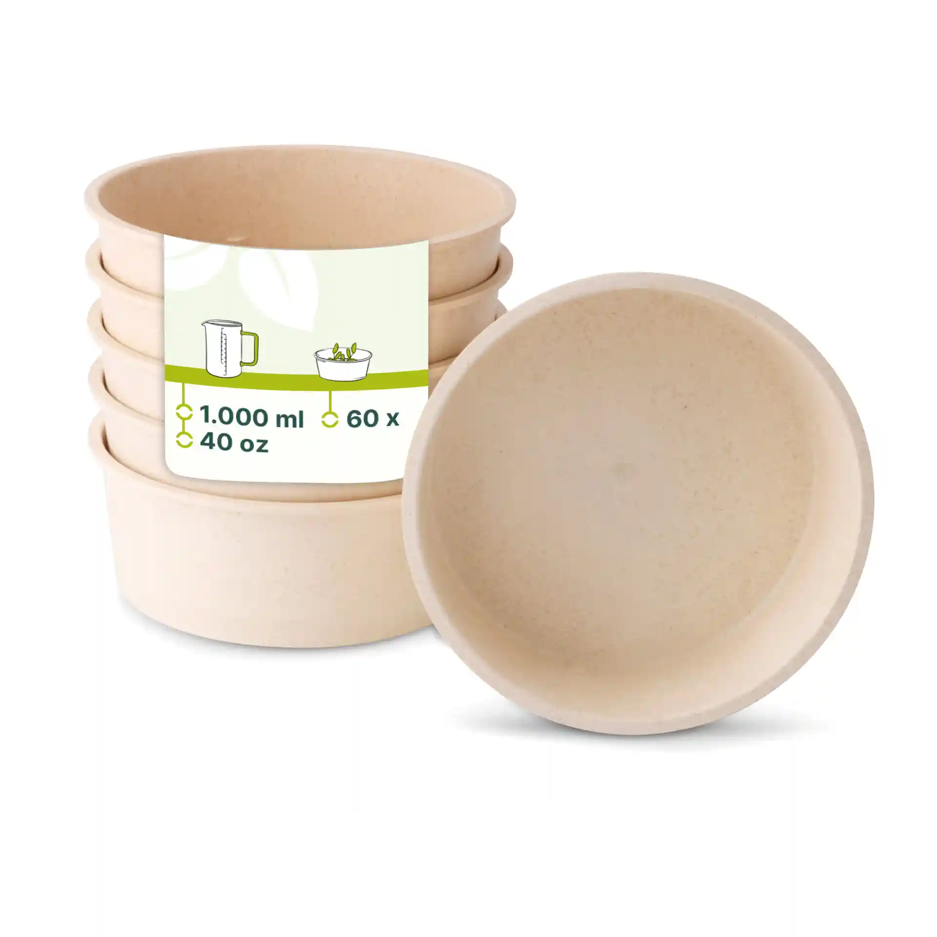 Empilement de cinq bols réutilisables crème blanc en matériau bio, avec un bol montré à l'envers.