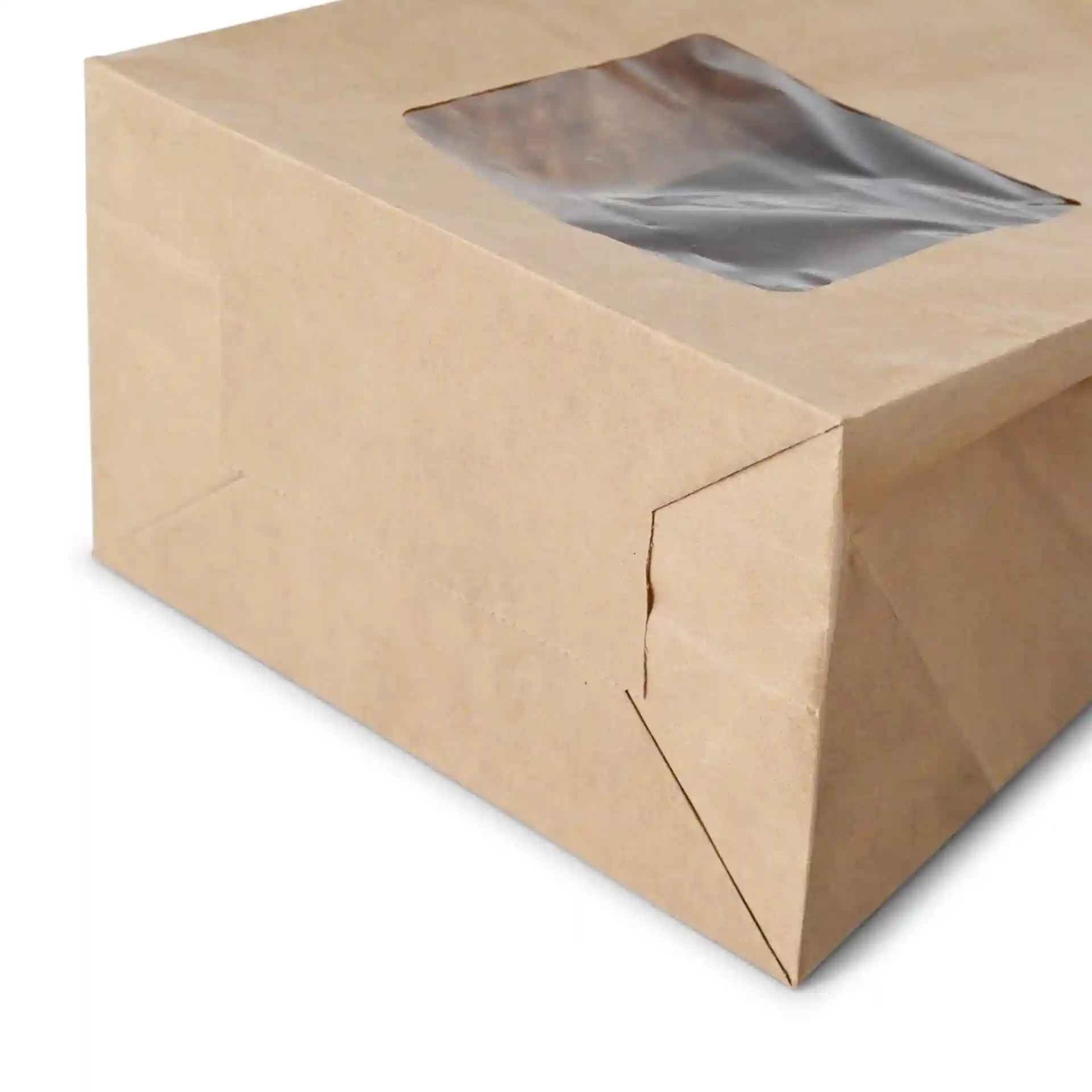 Sac en papier kraft marron avec une fenêtre PLA transparente, doté d'un fond en bloc.