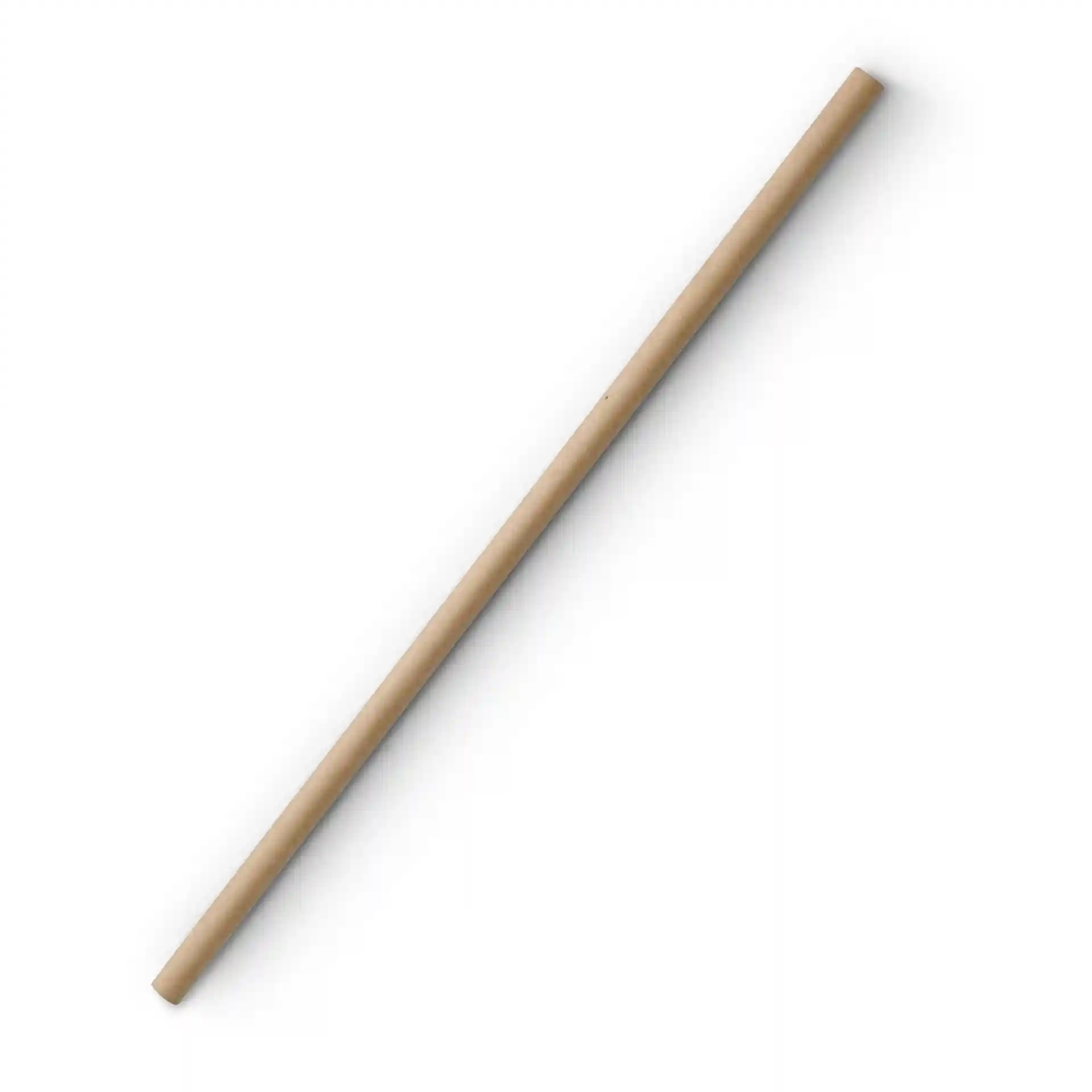 Paille en papier marron, 20 cm de long et 0,6 cm de diamètre, présentée sur un fond blanc.