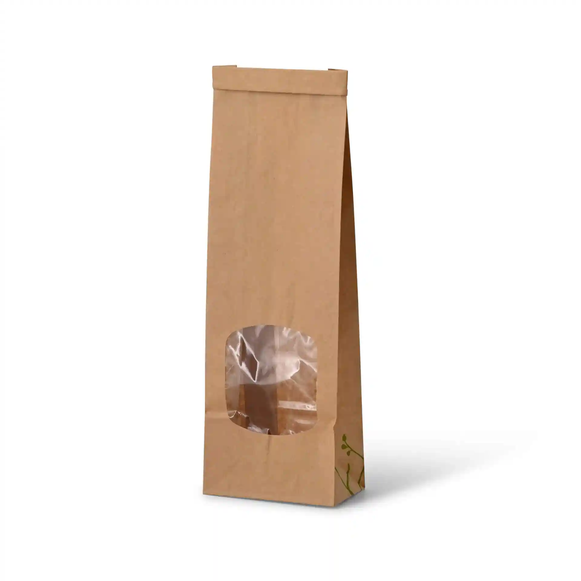 Sac en papier kraft brun avec fond plat et fenêtre transparente, mesurant 8,8 x 4,7 x 26 cm.