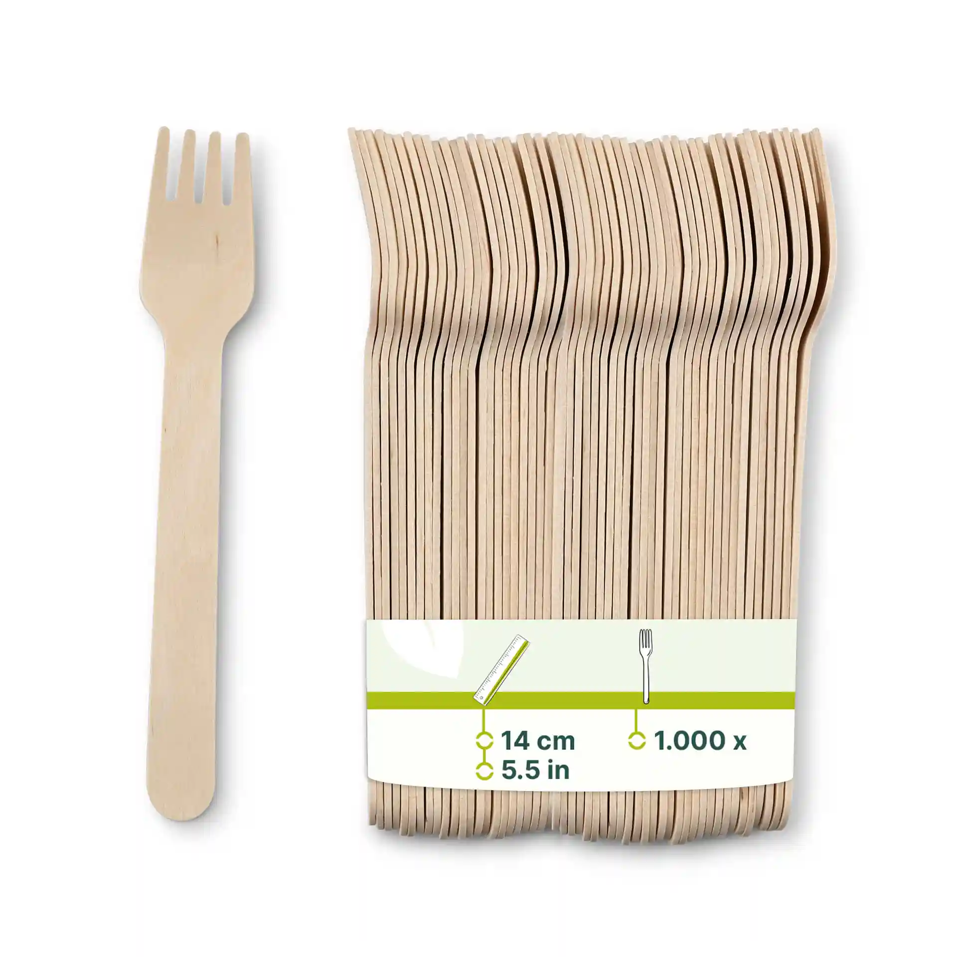 Fourchette en bois pour gâteau, 14 cm de long, de couleur marron, à côté d'un paquet de plusieurs fourchettes similaires.