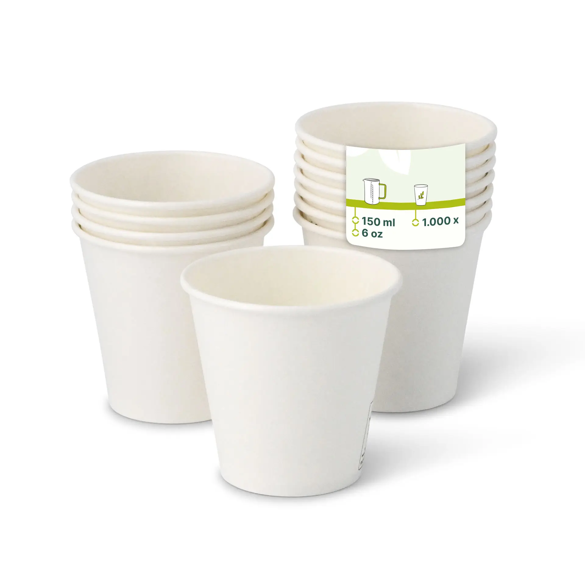 Gobelets en papier blancs empilés, avec un gobelet devant, montrant une étiquette indiquant une capacité de 150 ml et une taille de 6 oz.