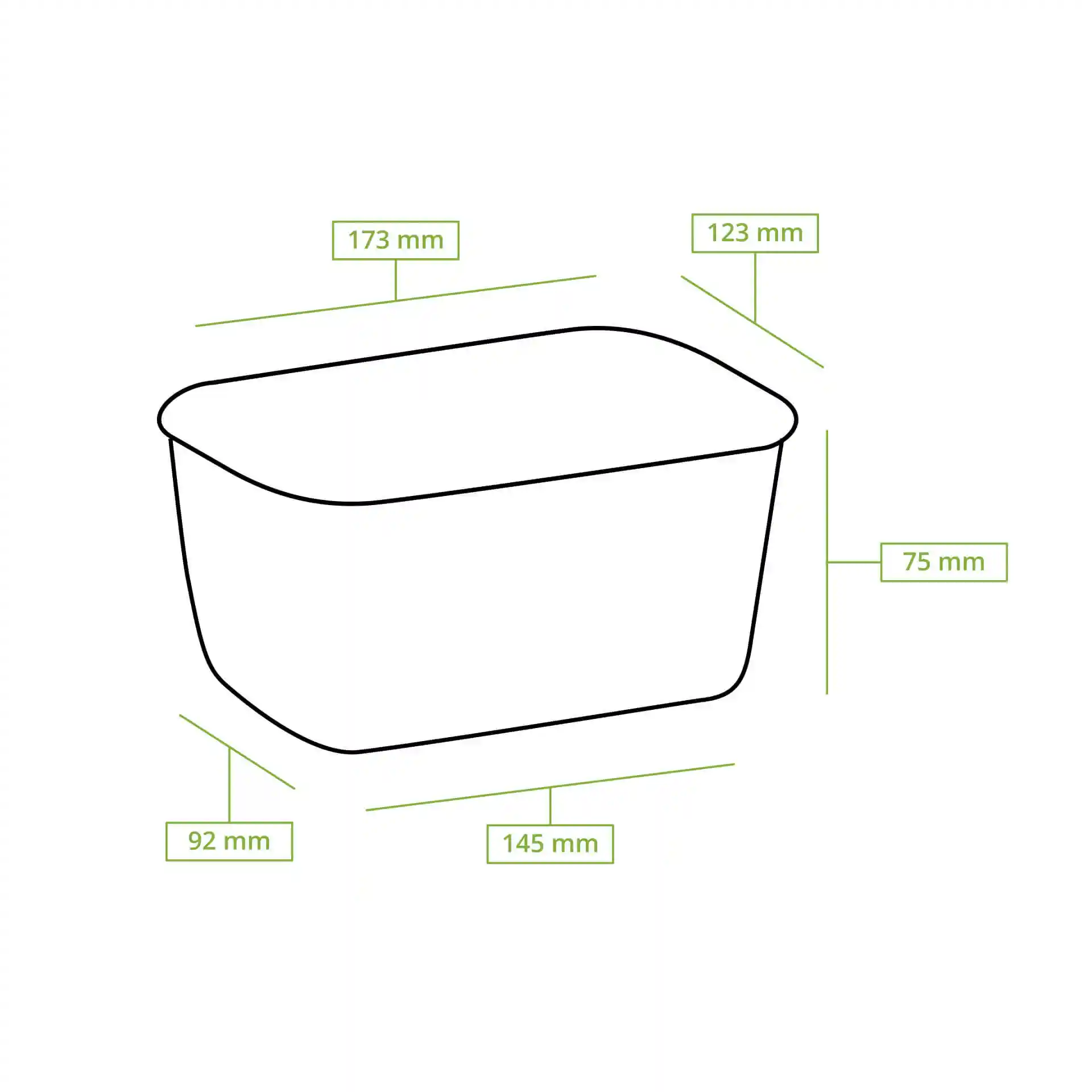 Dessin schématique d'un conteneur alimentaire rectangulaire avec des lignes de dimension montrant 173 mm de longueur, 123 mm de largeur et 75 mm de hauteur.