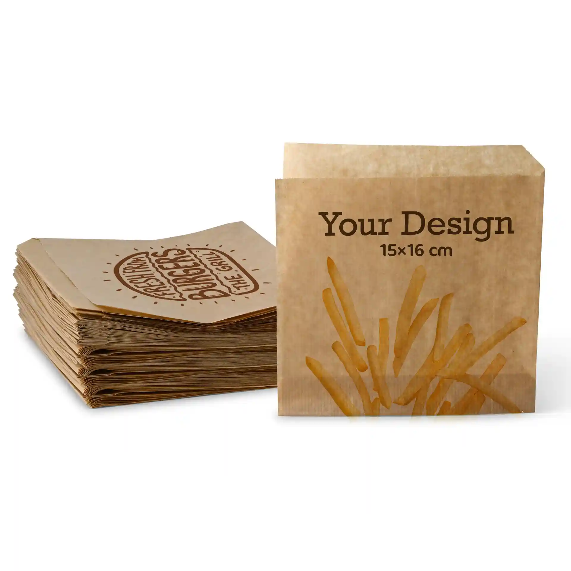 Manchons à burger imprimés marron mesurant 16 x 15 cm, empilés avec un design de frites à l'avant.