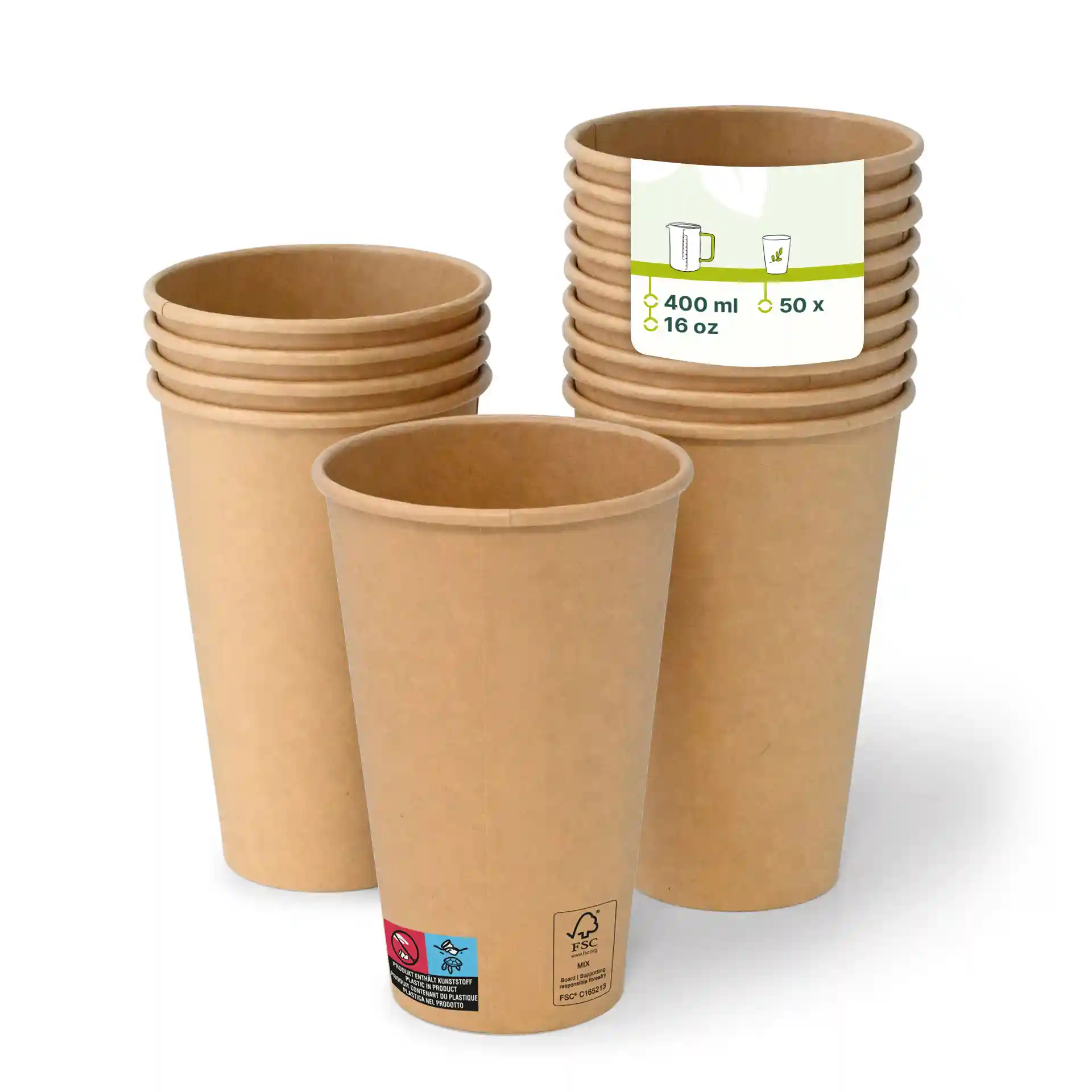 Gobelets en papier marron empilés, avec un gobelet devant montrant une étiquette indiquant une capacité de 16 oz et 50 unités.