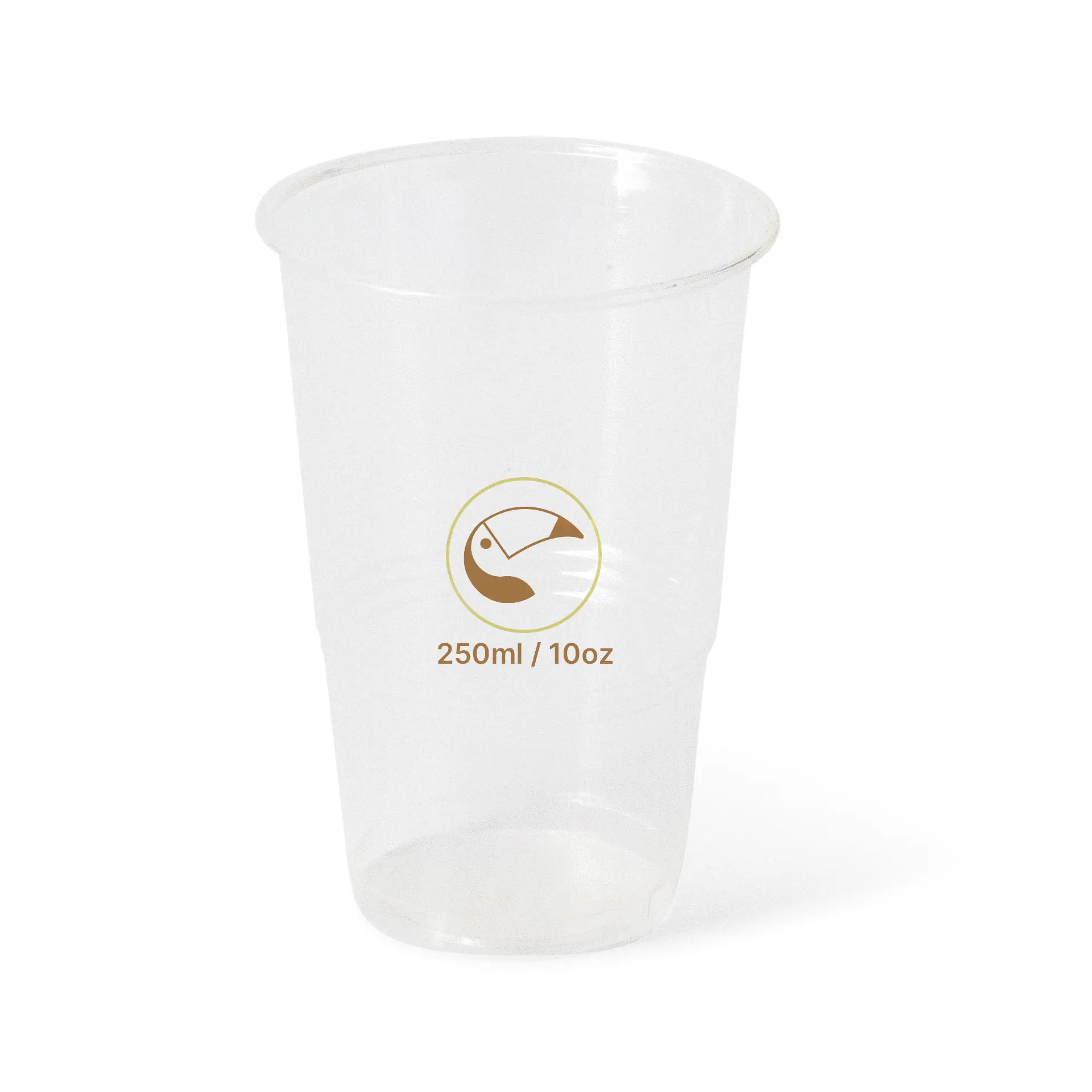 Gobelet PLA transparent de 10 oz pour boissons froides, avec étiquette de capacité imprimée. Design durable et empilable.