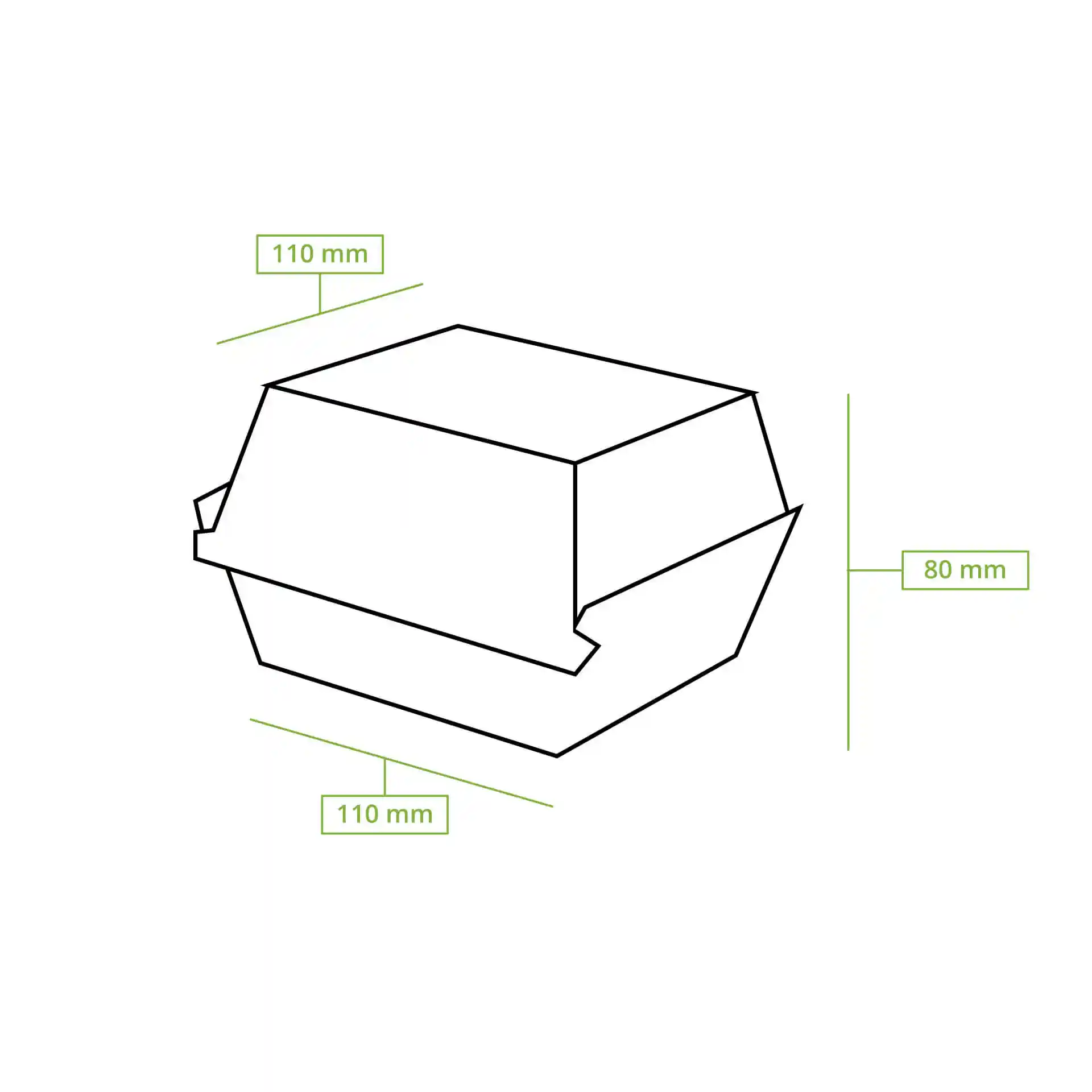 Dessin schématique d'une boîte à burger à emporter rectangulaire de dimensions 110 mm par 110 mm par 80 mm.