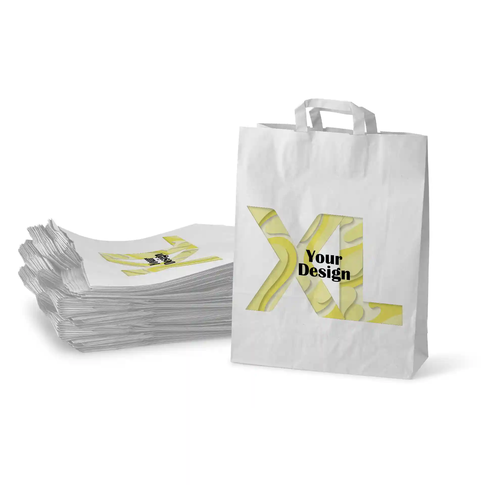 Sac en papier blanc de forme rectangulaire, avec un design aux accents jaunes et le texte "Votre Design".