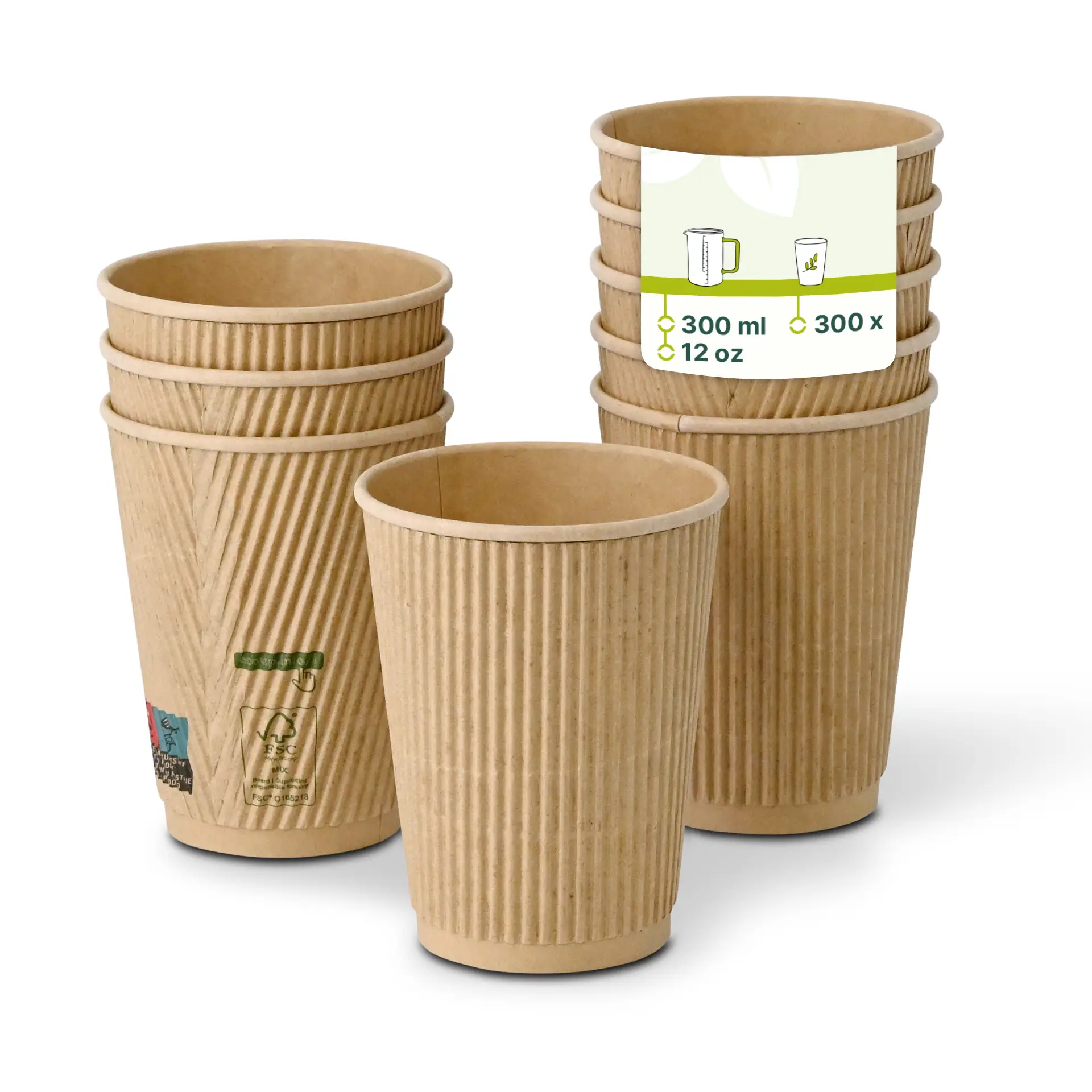 Une tasse à café ondulée brune à triple paroi au premier plan ; plusieurs tasses similaires avec opacité réduite en arrière-plan.
