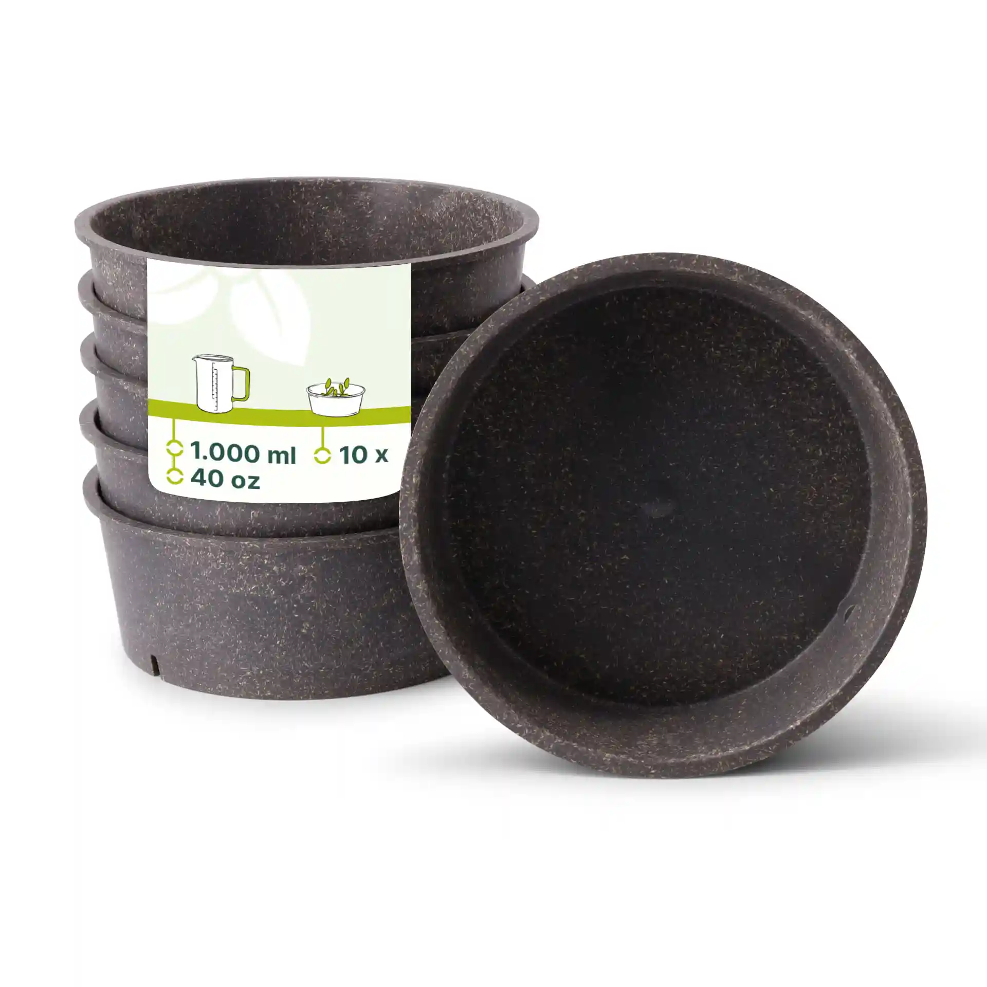 Empilement de cinq bols réutilisables gris en matériau bio, avec un bol retourné pour montrer l'intérieur.