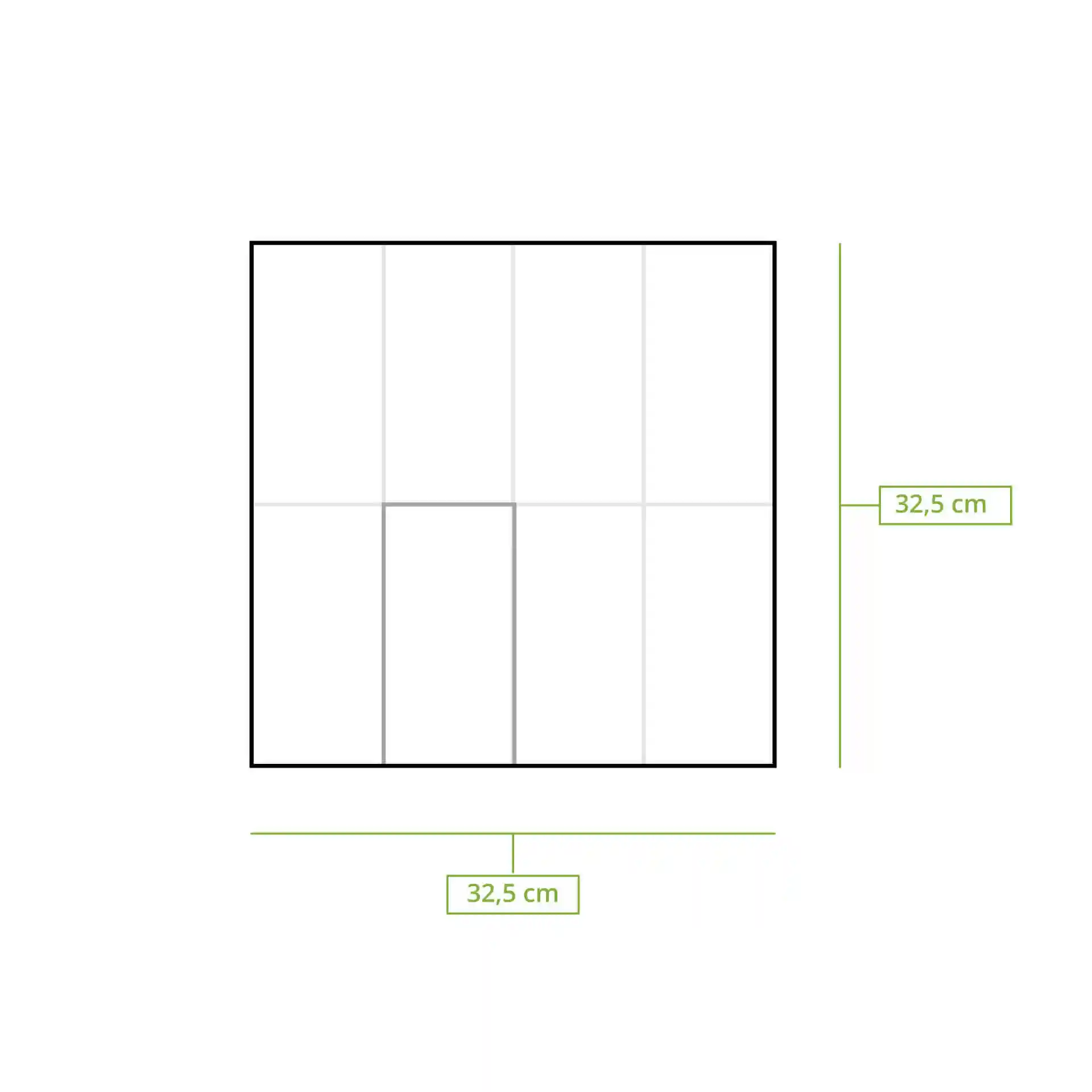 Dessin schématique d'une serviette carrée avec des lignes de dimension indiquant 32,5 cm de chaque côté.