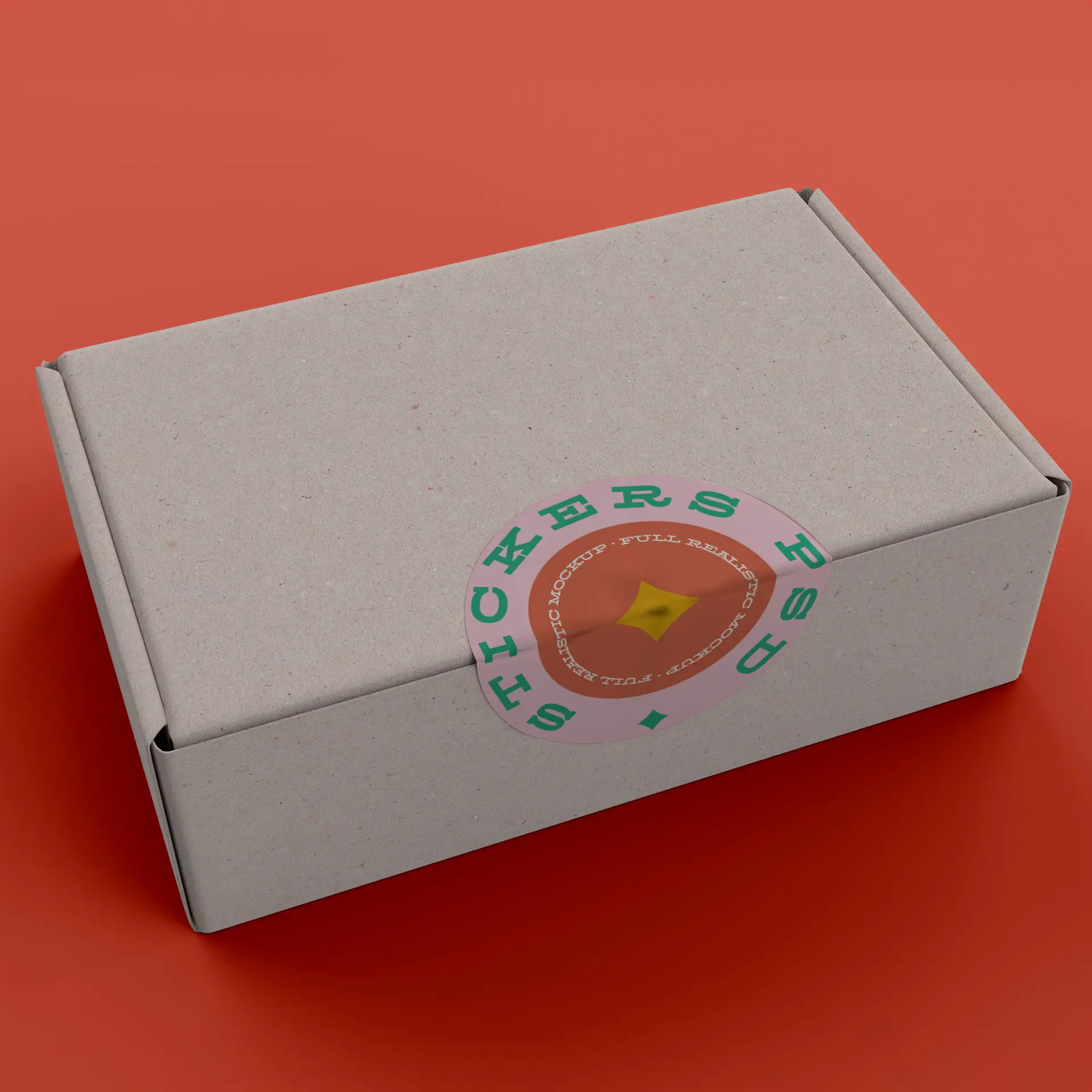 Boîte en papier kraft marron avec une étiquette ronde qui indique "Stickers" en lettres vertes.