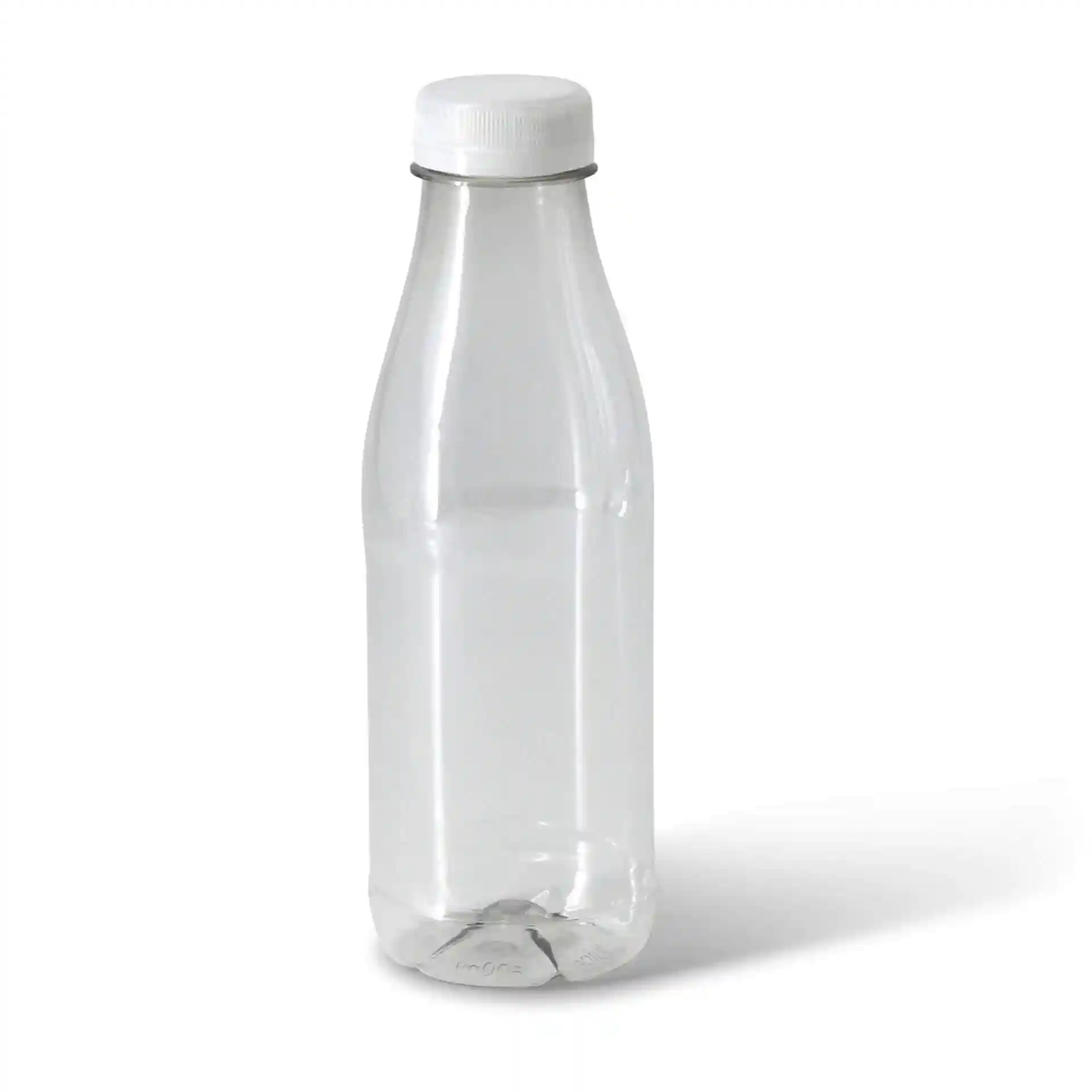 Bouteille rPET transparente avec un couvercle blanc, capacité de 500 ml, hauteur de 199 mm et diamètre de fond de 65 mm.